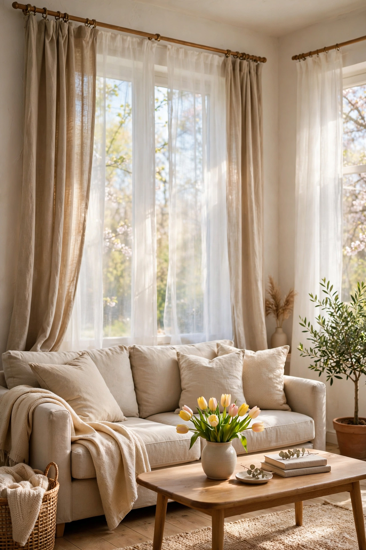 Sheer white curtains letting spring daylight into living room, budget spring living room decor