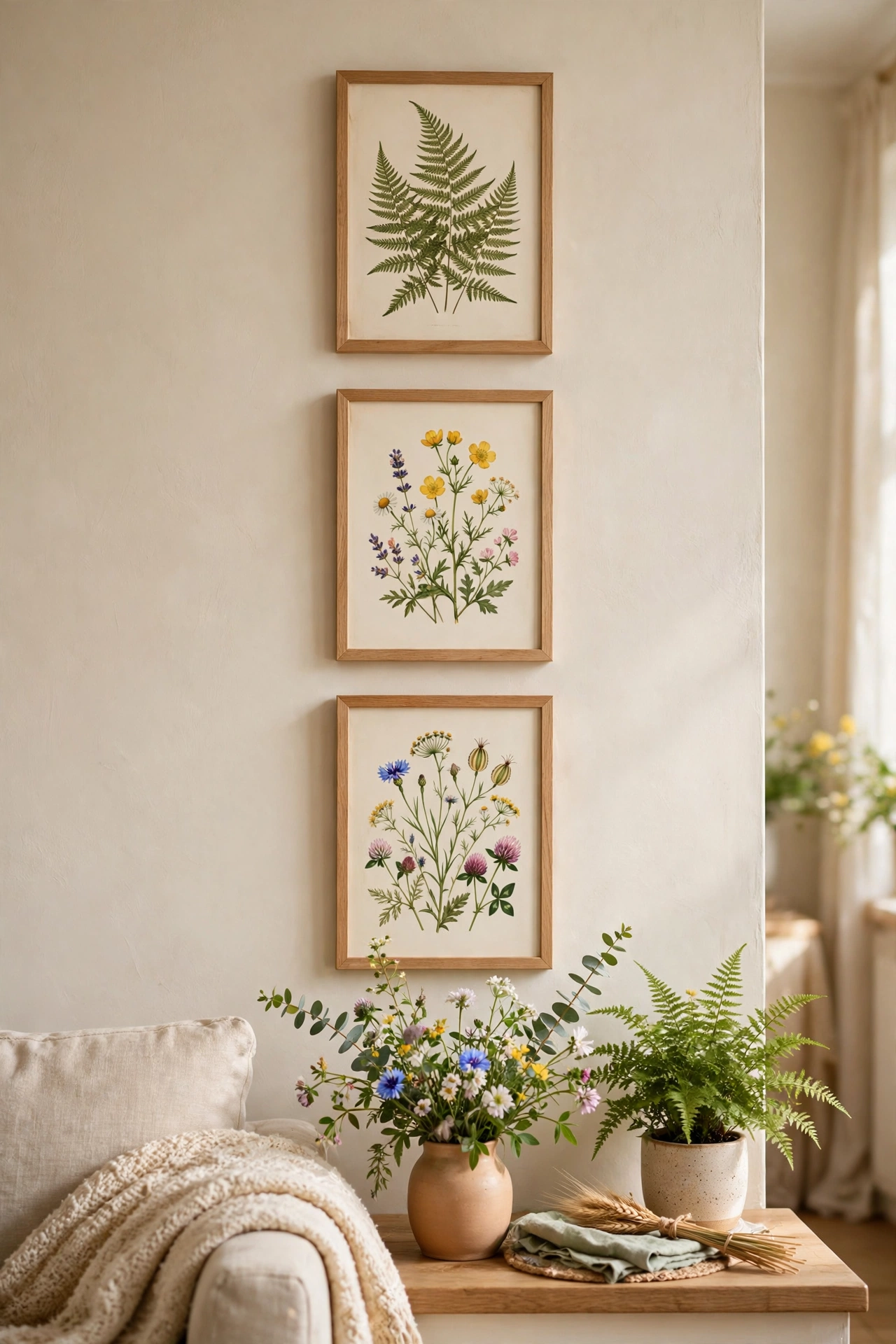 Botanical fern prints swapped into frames for spring, cheap spring living room wall decor