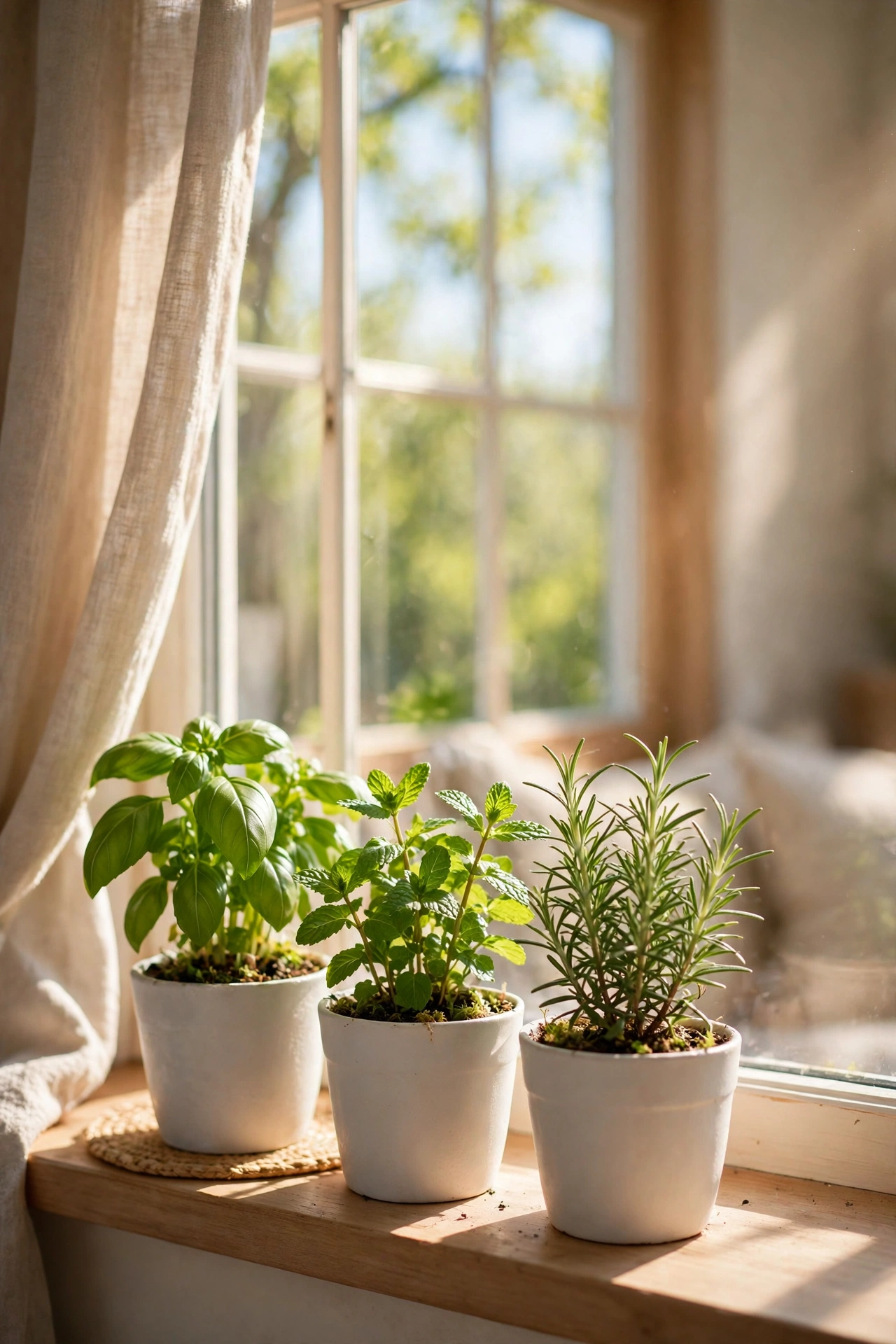 Small potted herbs on living room windowsill in white pots, spring decor on a budget
