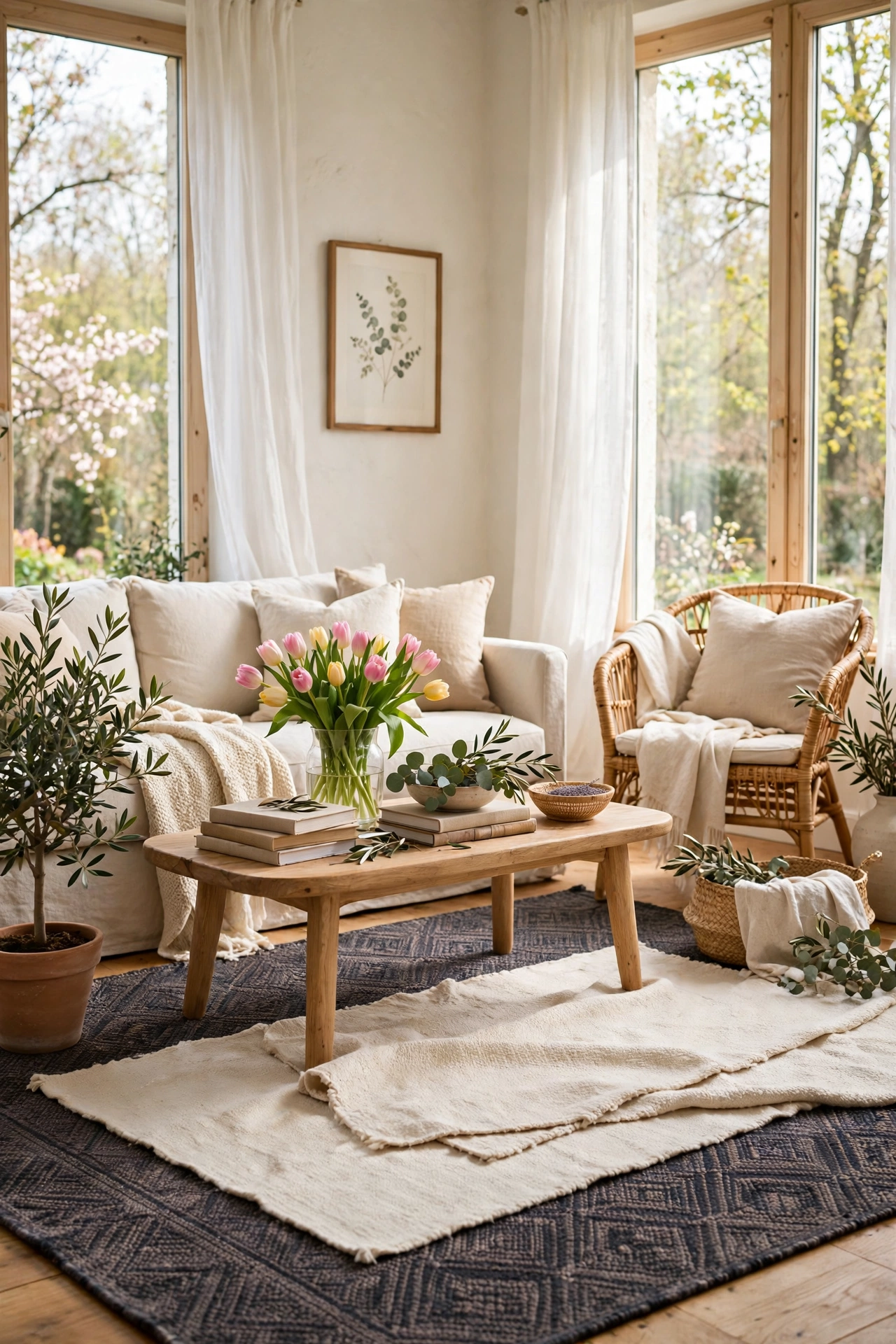 Light cream rug layered over darker rug in spring living room, budget decor idea