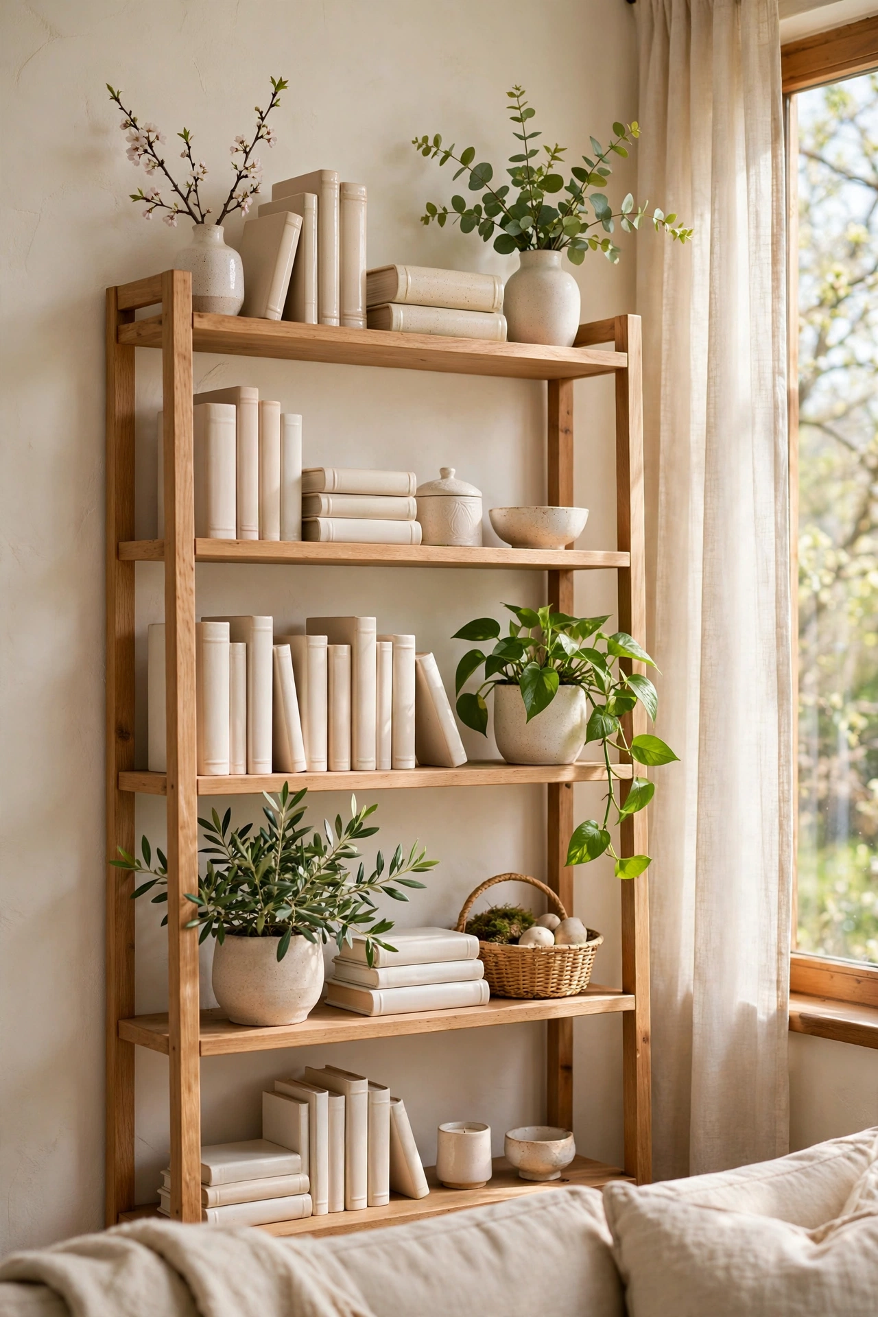 Restyled bookshelf with light ceramics and plants for spring, free living room refresh