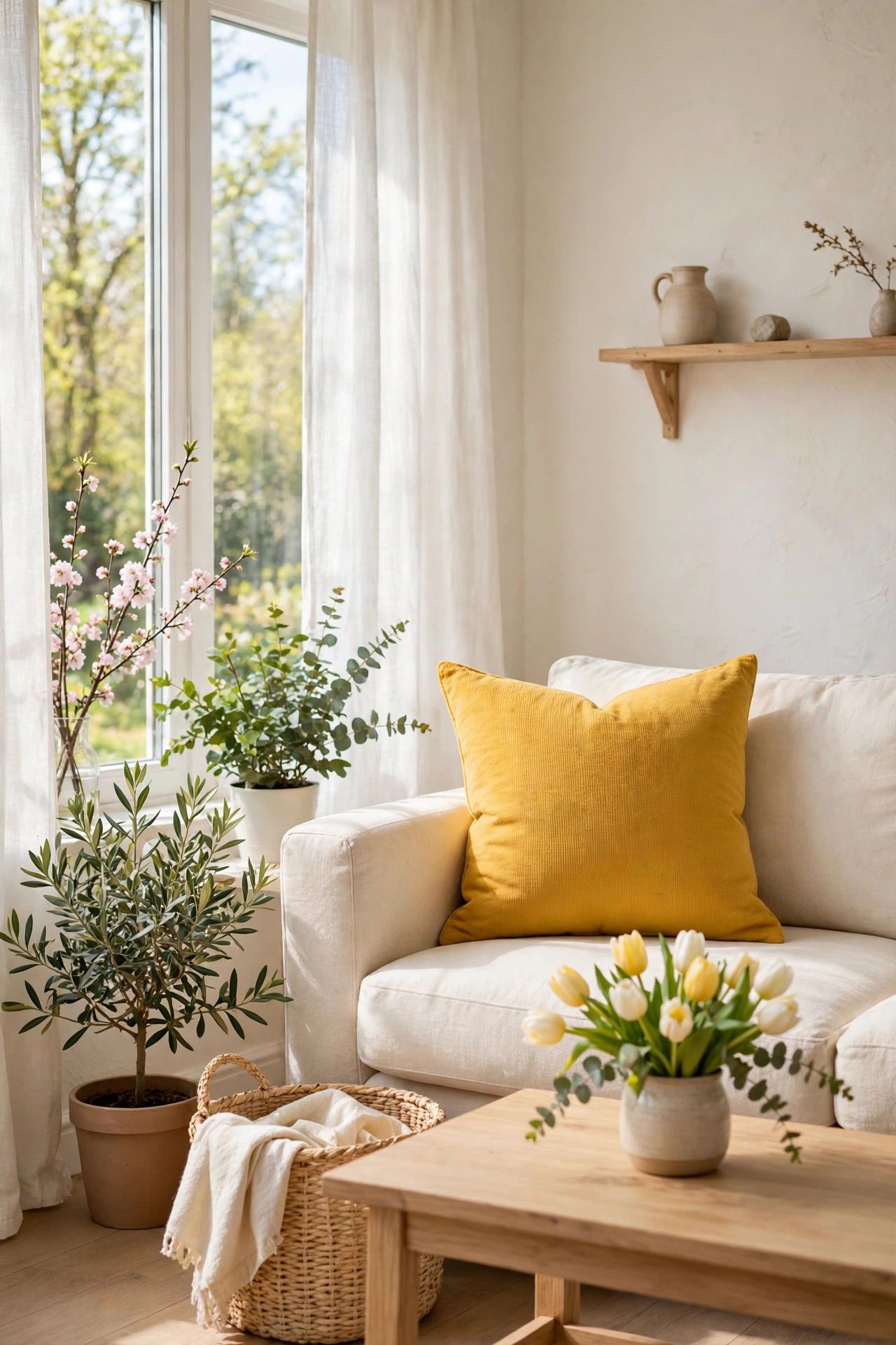 Single mustard yellow pillow on cream sofa in spring living room, budget accent idea