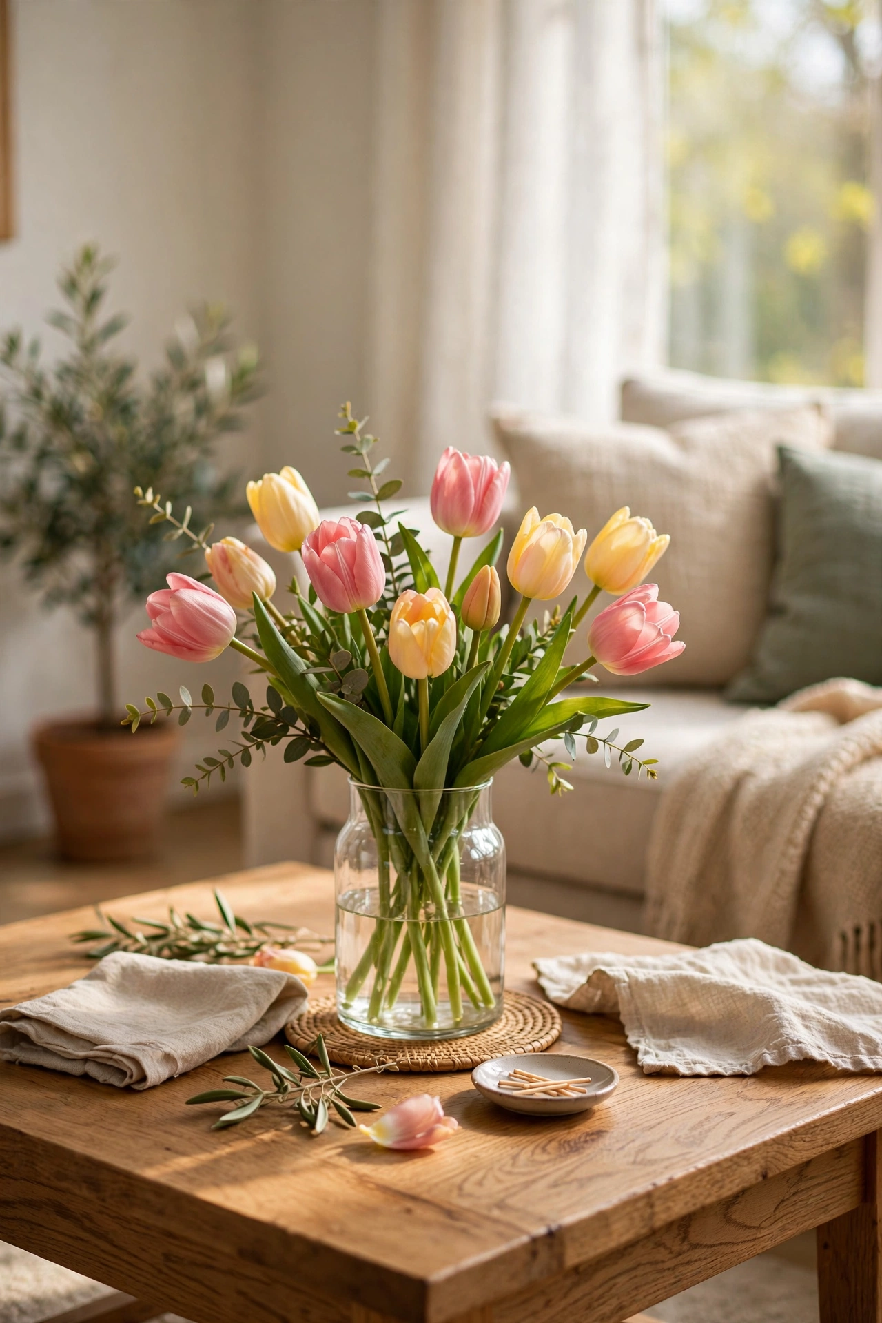 Faux tulips in glass vase on coffee table, spring living room decor on a budget