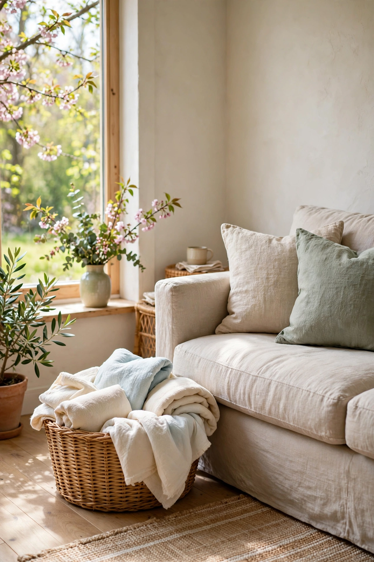 Wicker basket with light cotton blankets for spring, budget living room decor