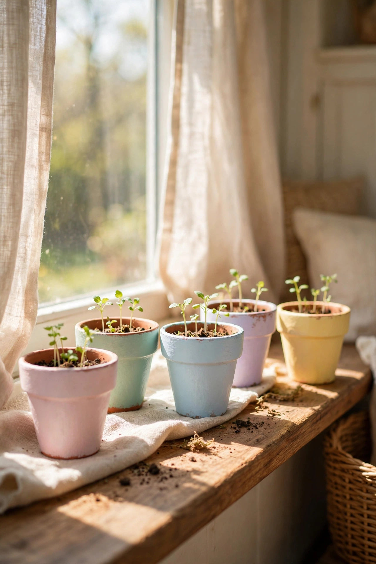 Painted pastel terracotta pots with seedlings on windowsill, cheap spring living room decor