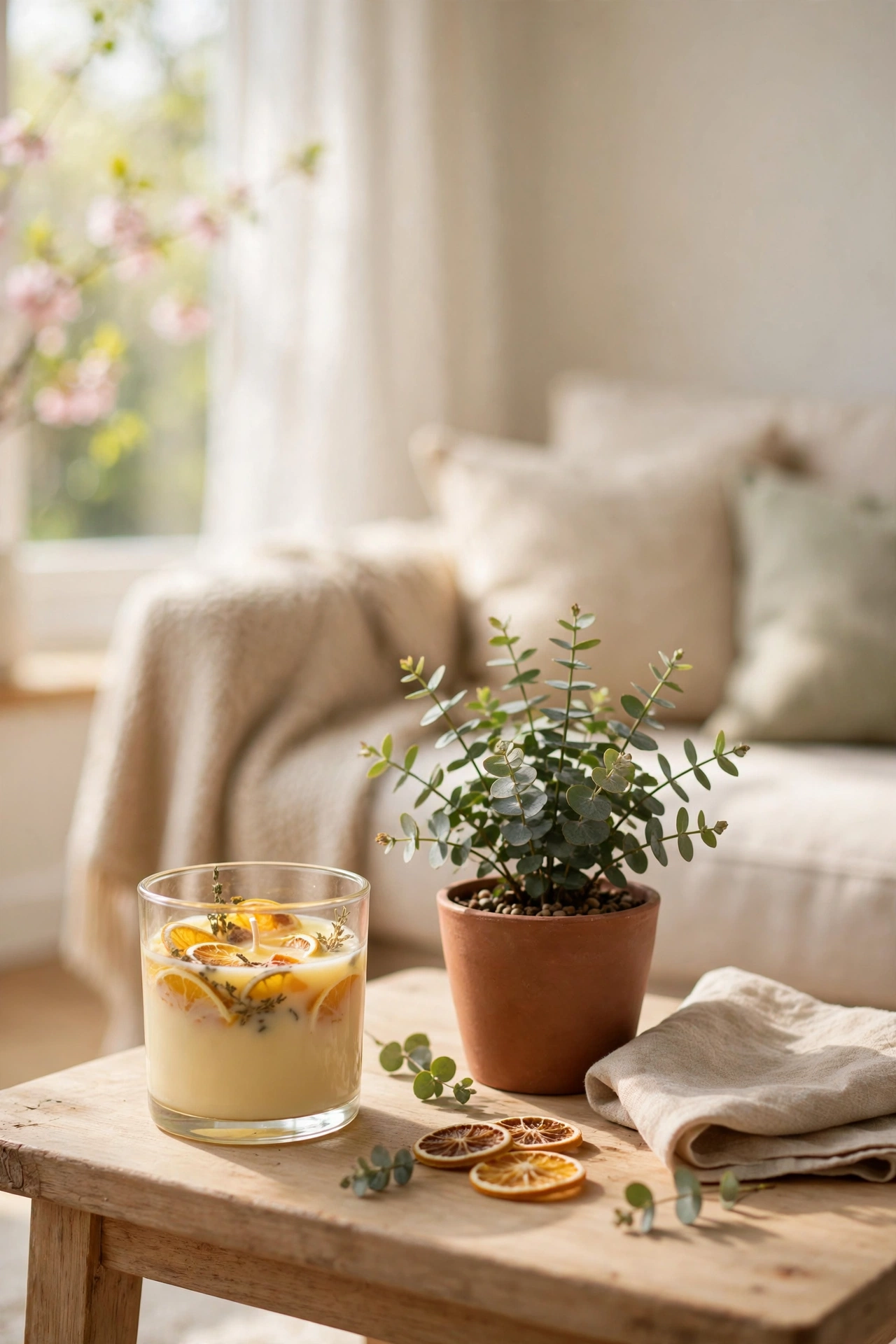 Fresh citrus scented candle in spring living room, budget seasonal decor