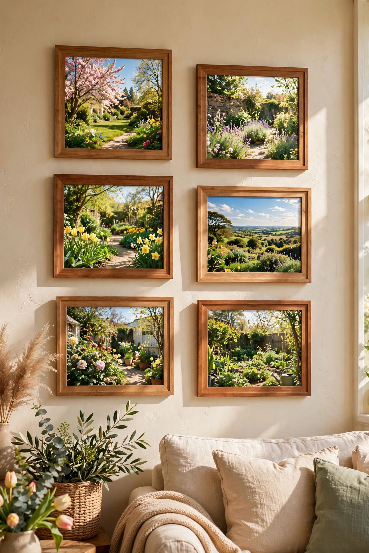 Bright spring photos in living room frames, free seasonal wall decor refresh