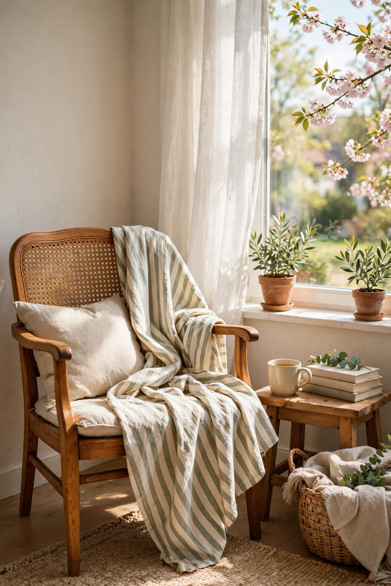 Striped cotton throw on reading chair for spring, budget living room decor