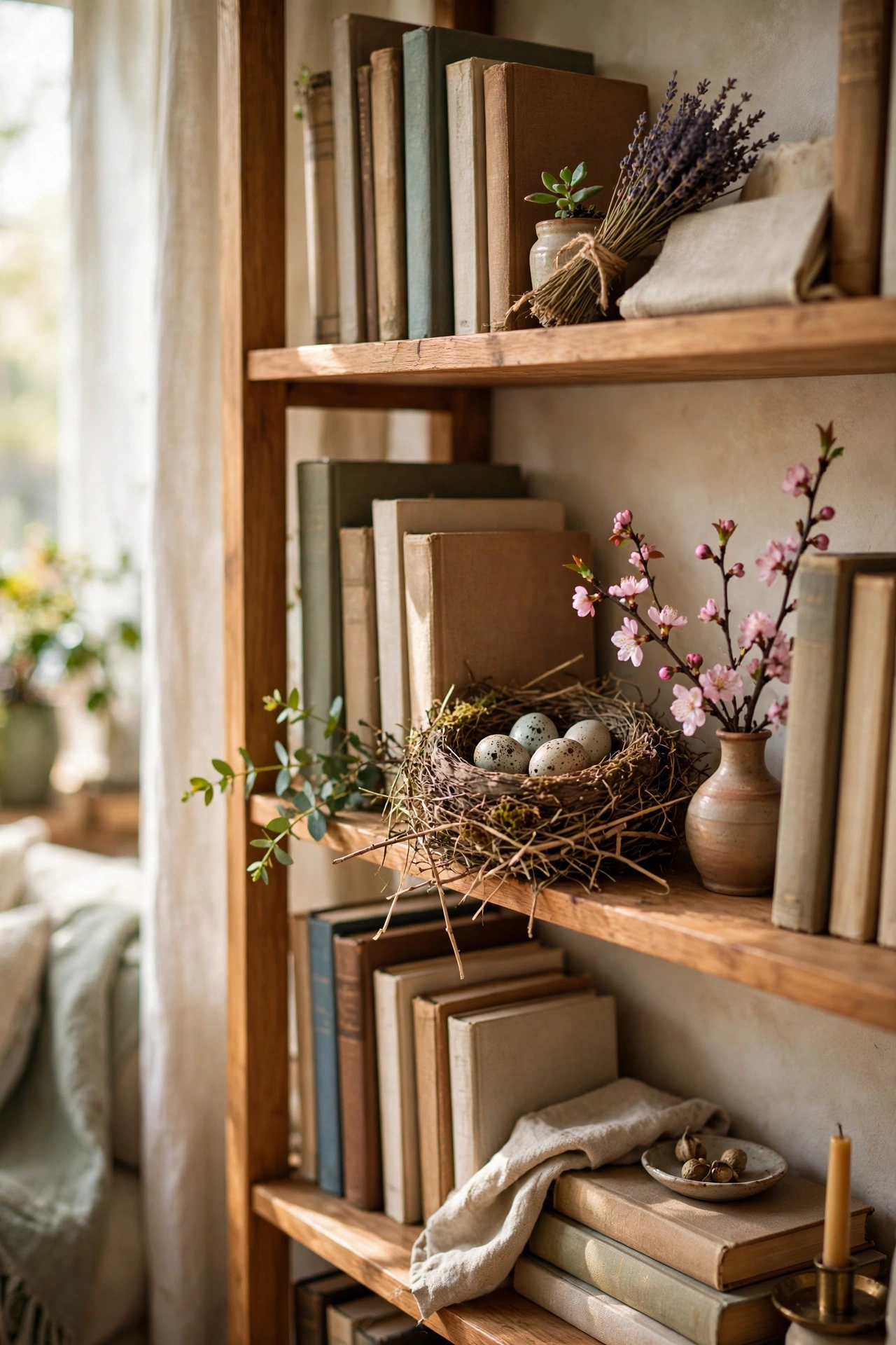 Small decorative birds nest with speckled eggs on bookshelf, spring living room accent
