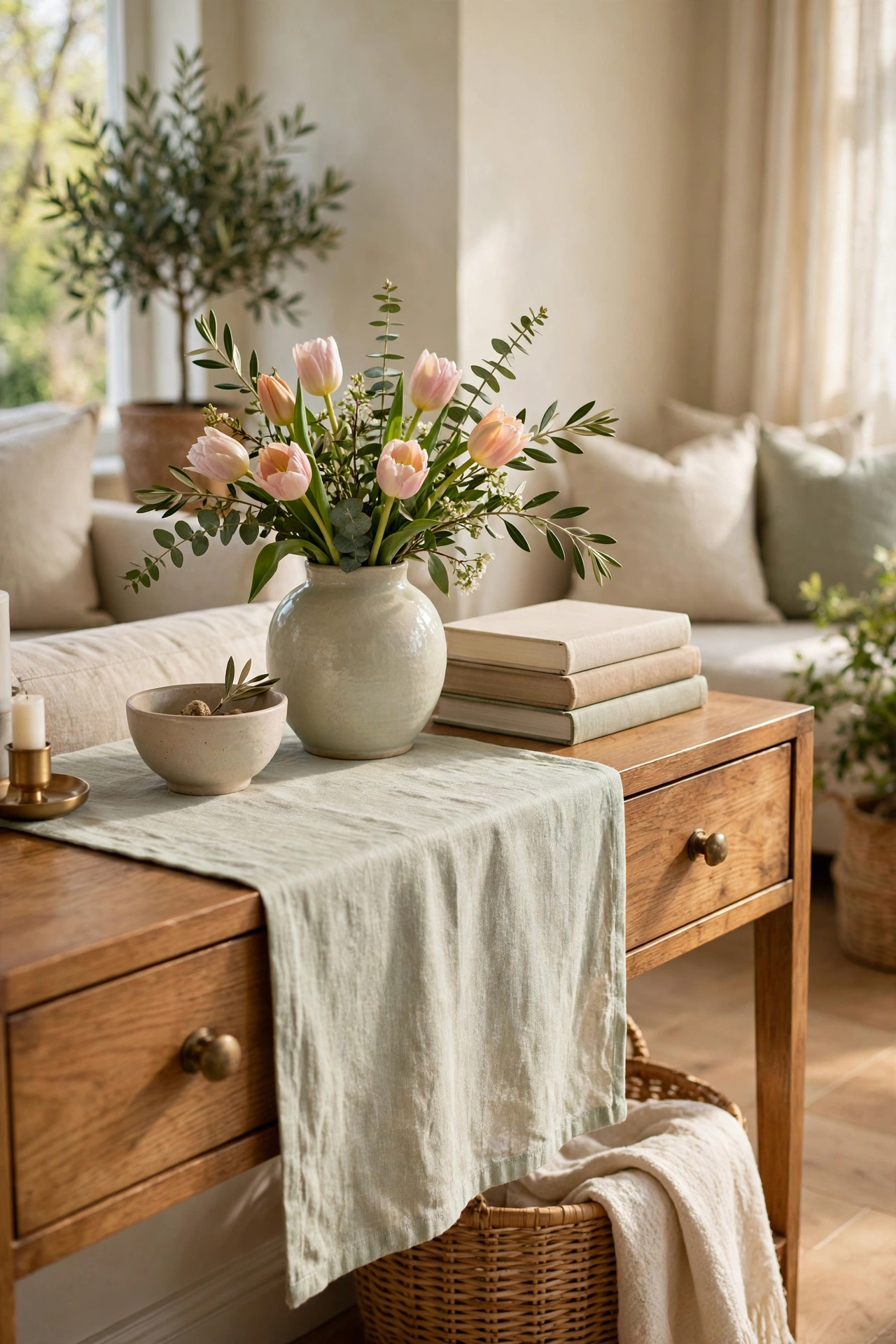 Pale sage table runner on console table styled for spring, budget living room decor