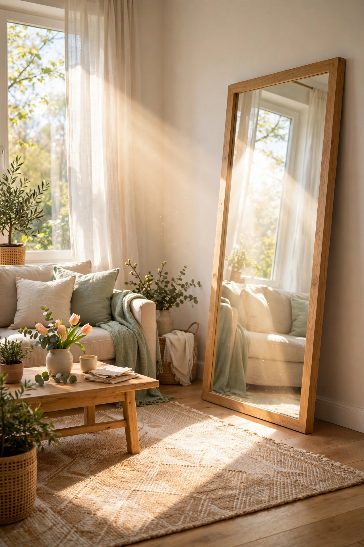 Floor mirror repositioned to catch spring sunlight in living room, free decor trick