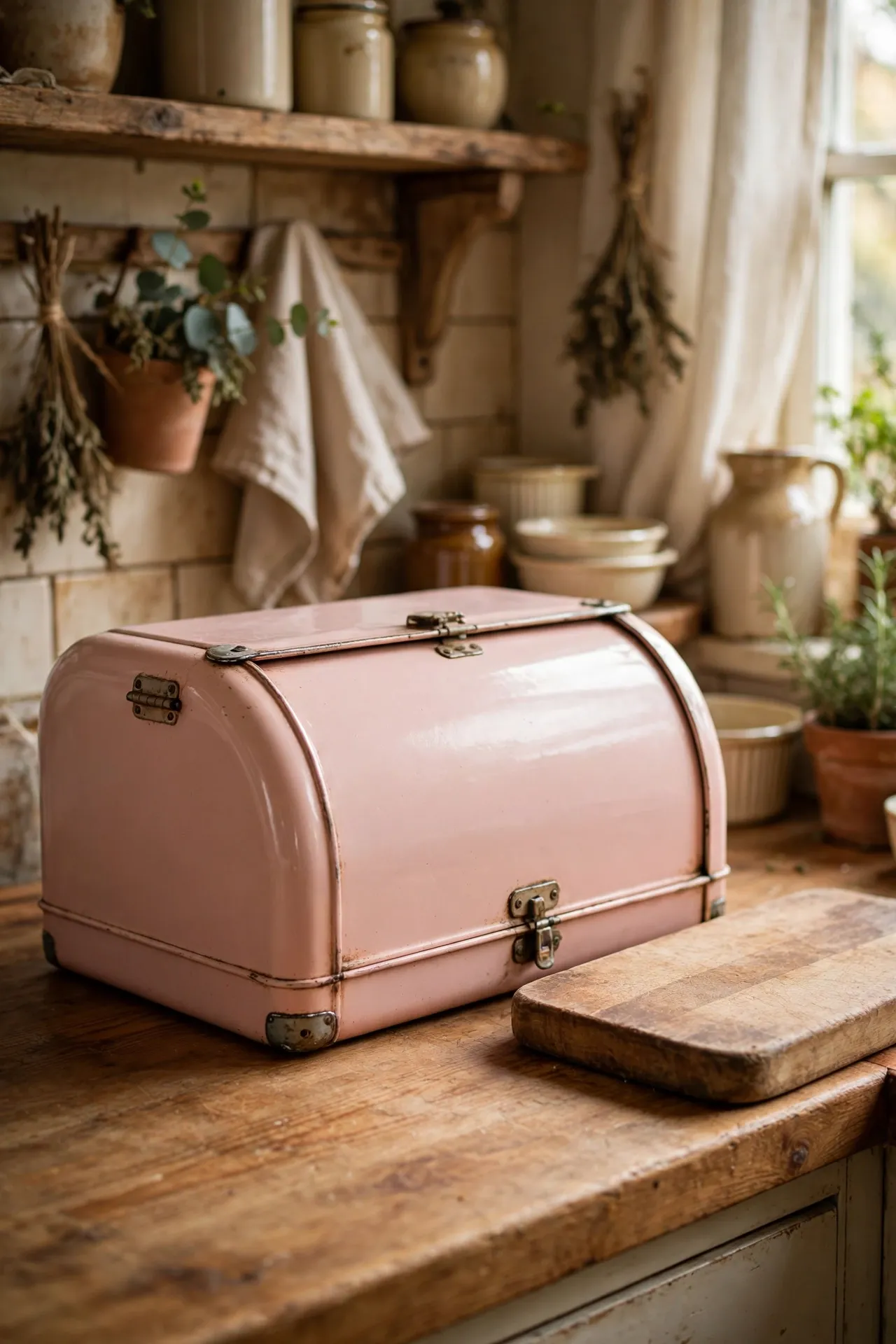 Blush pink vintage enamel bread box on kitchen counter