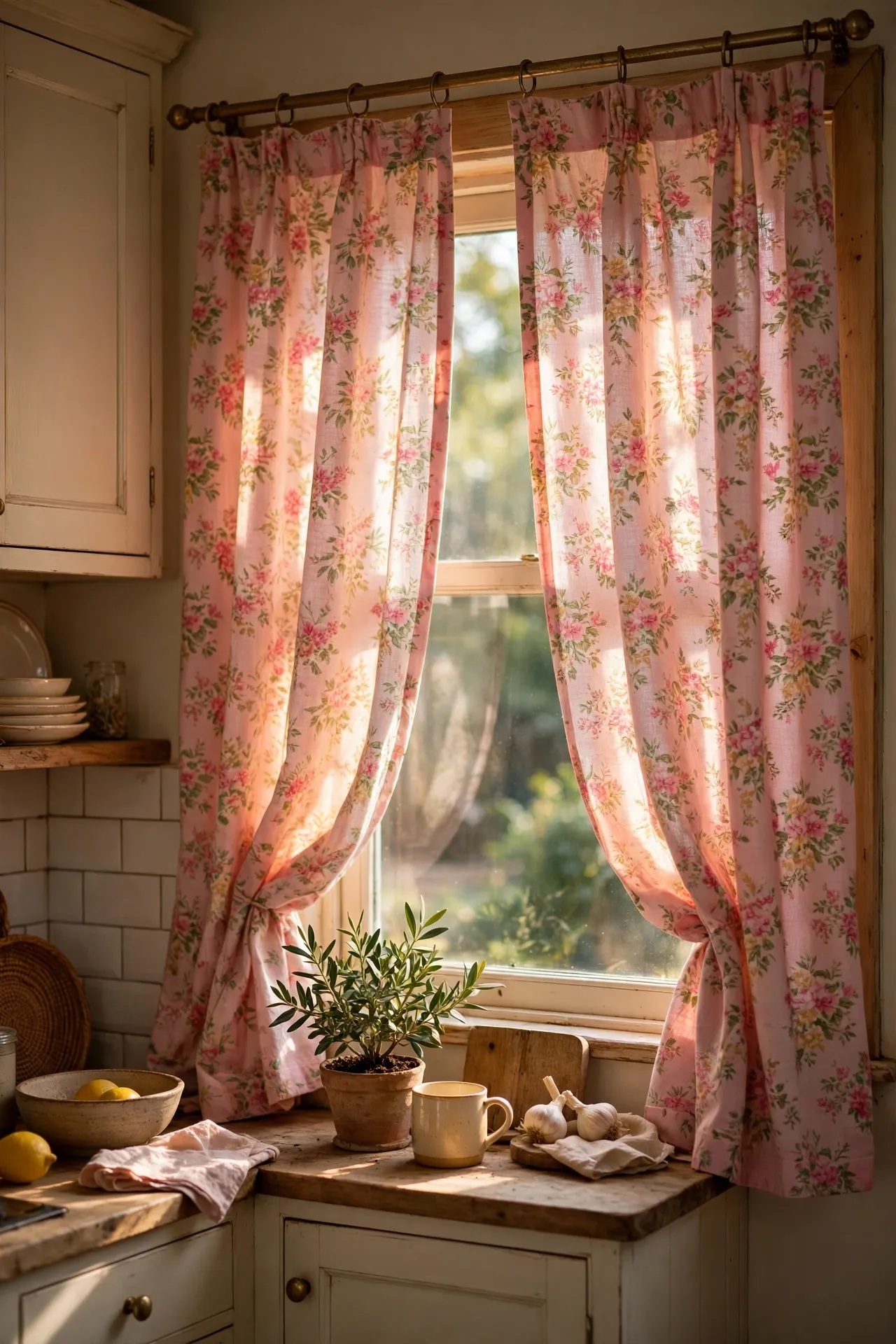 Vintage pink floral curtains on small kitchen window
