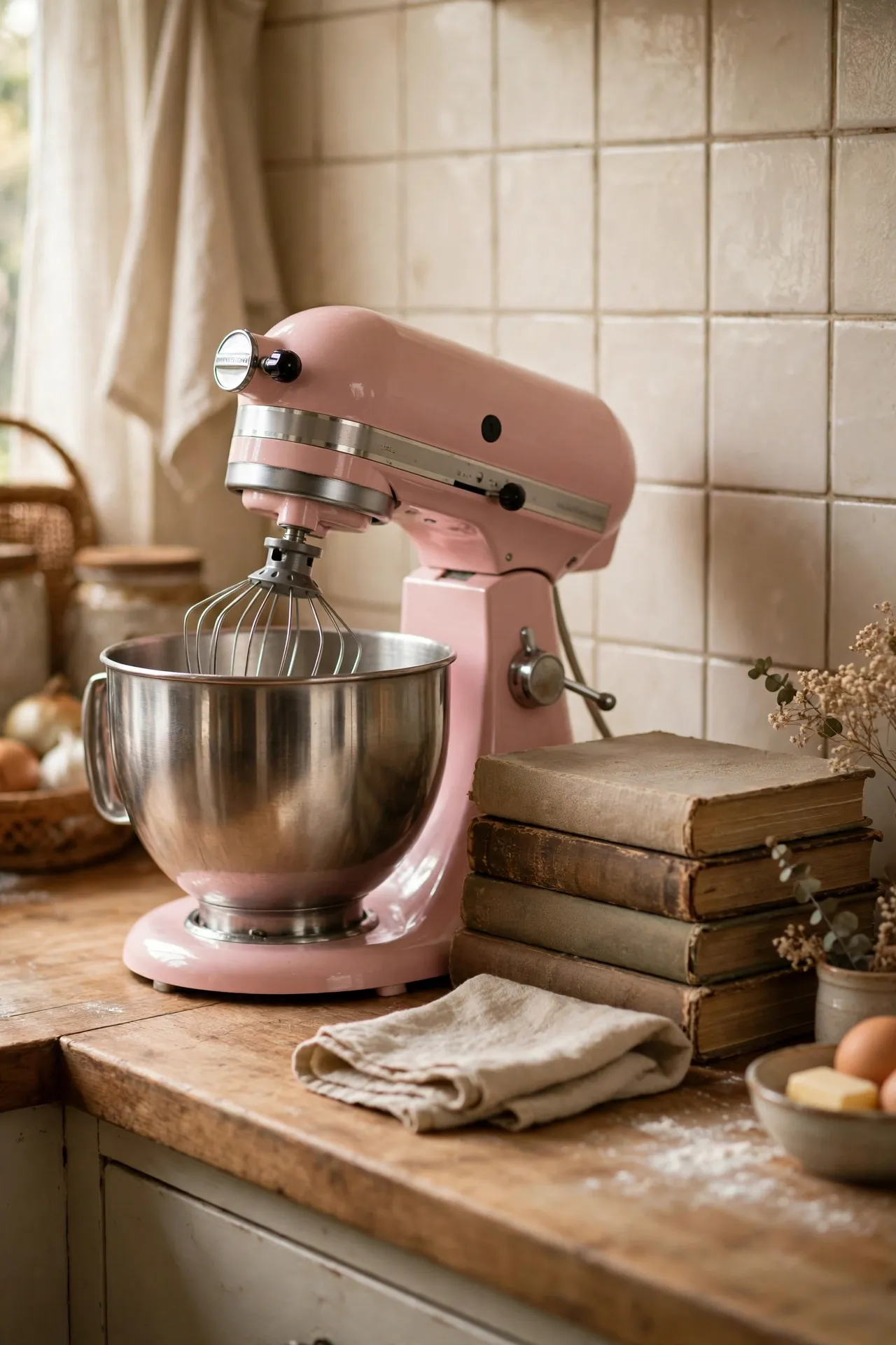 Blush pink stand mixer styled on kitchen counter