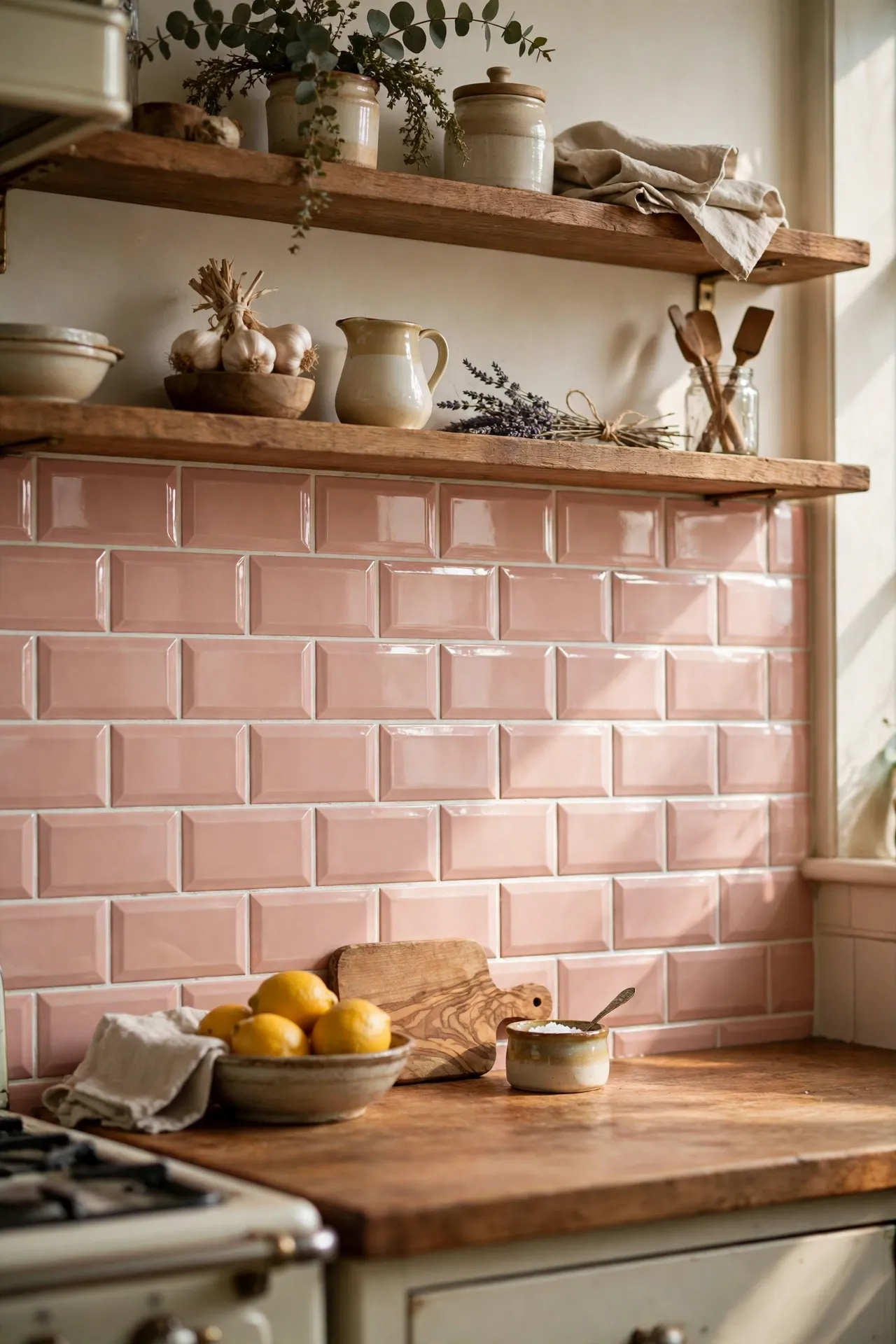 Blush pink subway tile backsplash in vintage kitchen