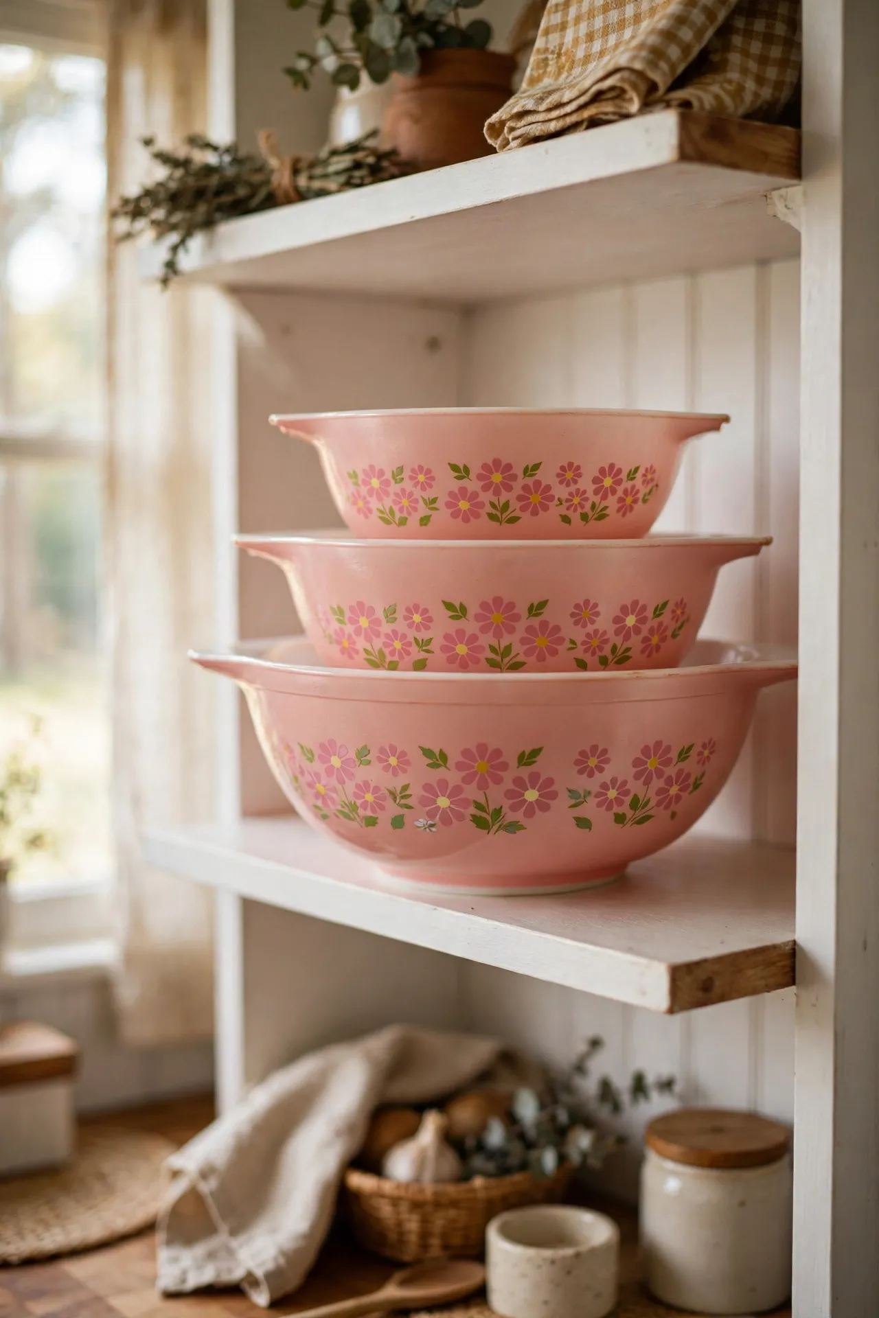 Blush pink vintage Pyrex bowls stacked on open shelves