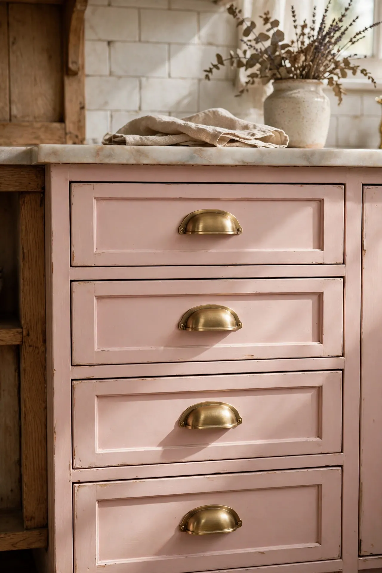 Brass cup pulls on blush pink kitchen drawers