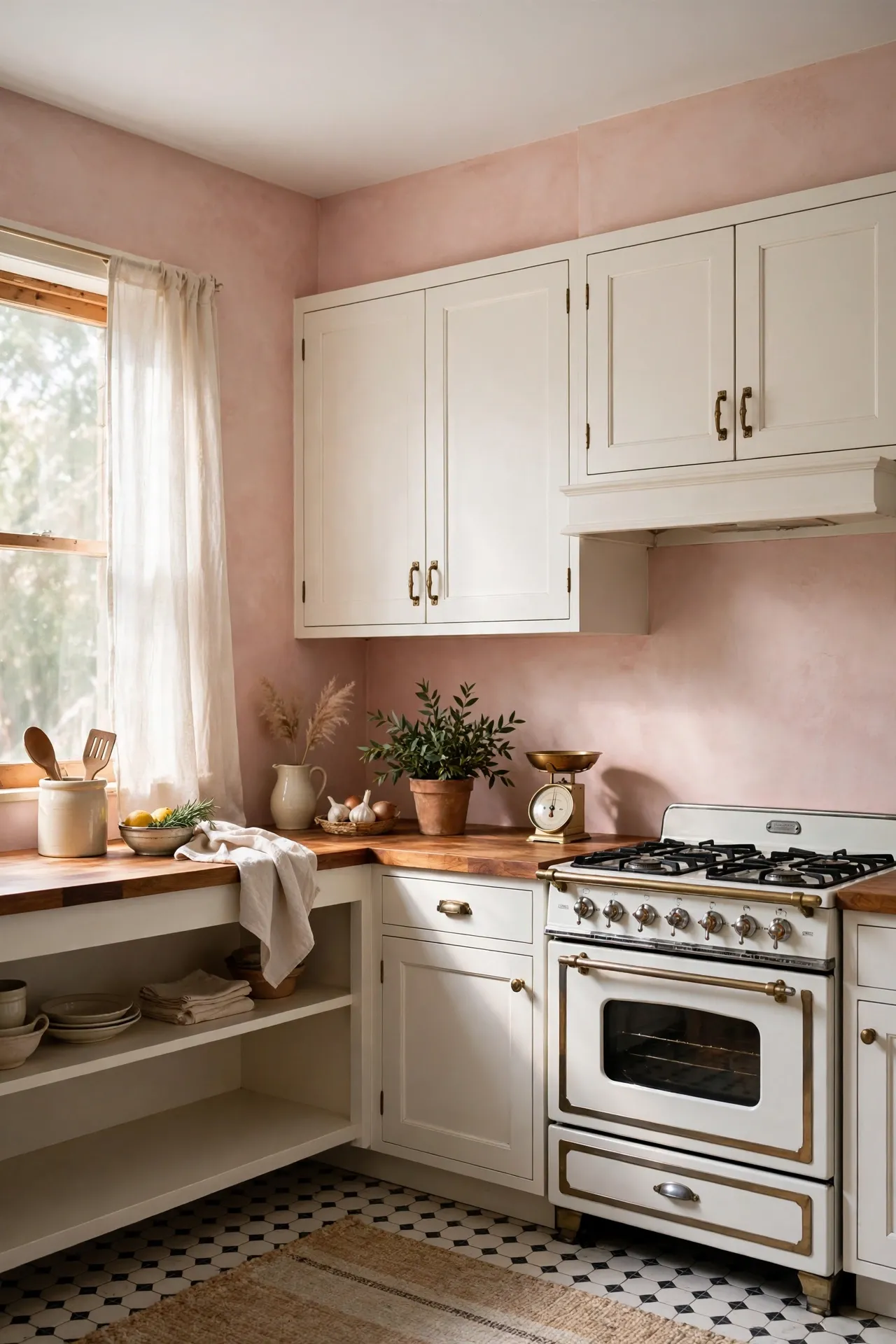 Whisper pink kitchen walls with white cabinets