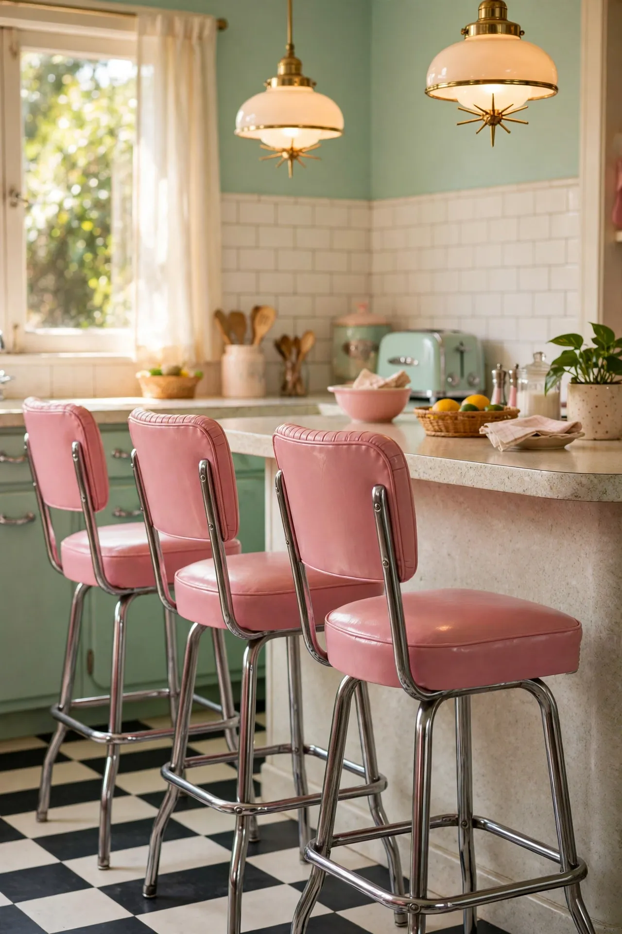 Pink vinyl retro bar stools at kitchen breakfast bar