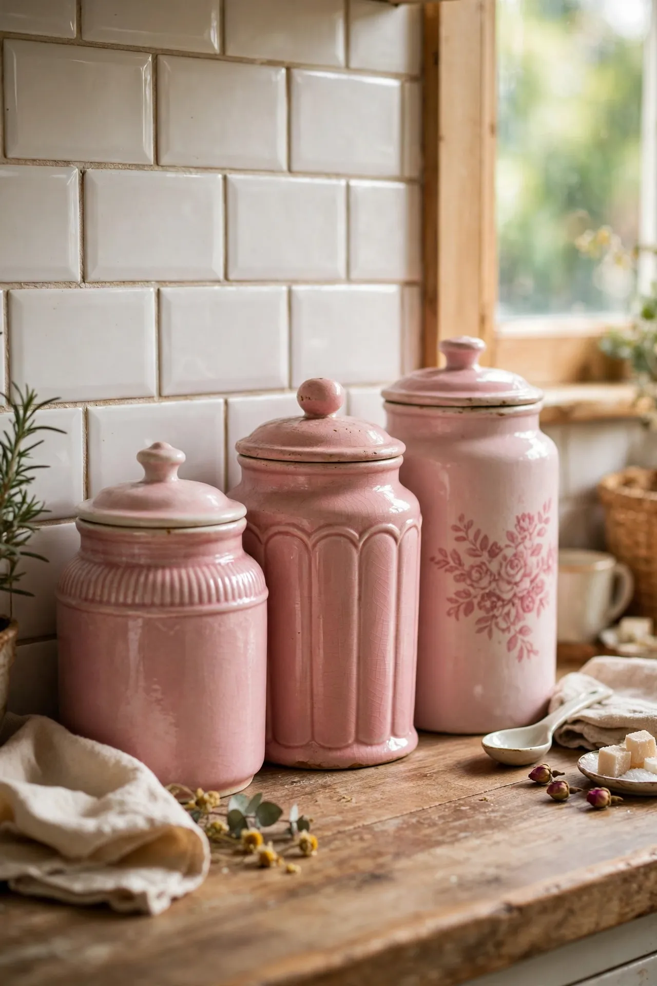 Pink ceramic canisters lined along kitchen backsplash