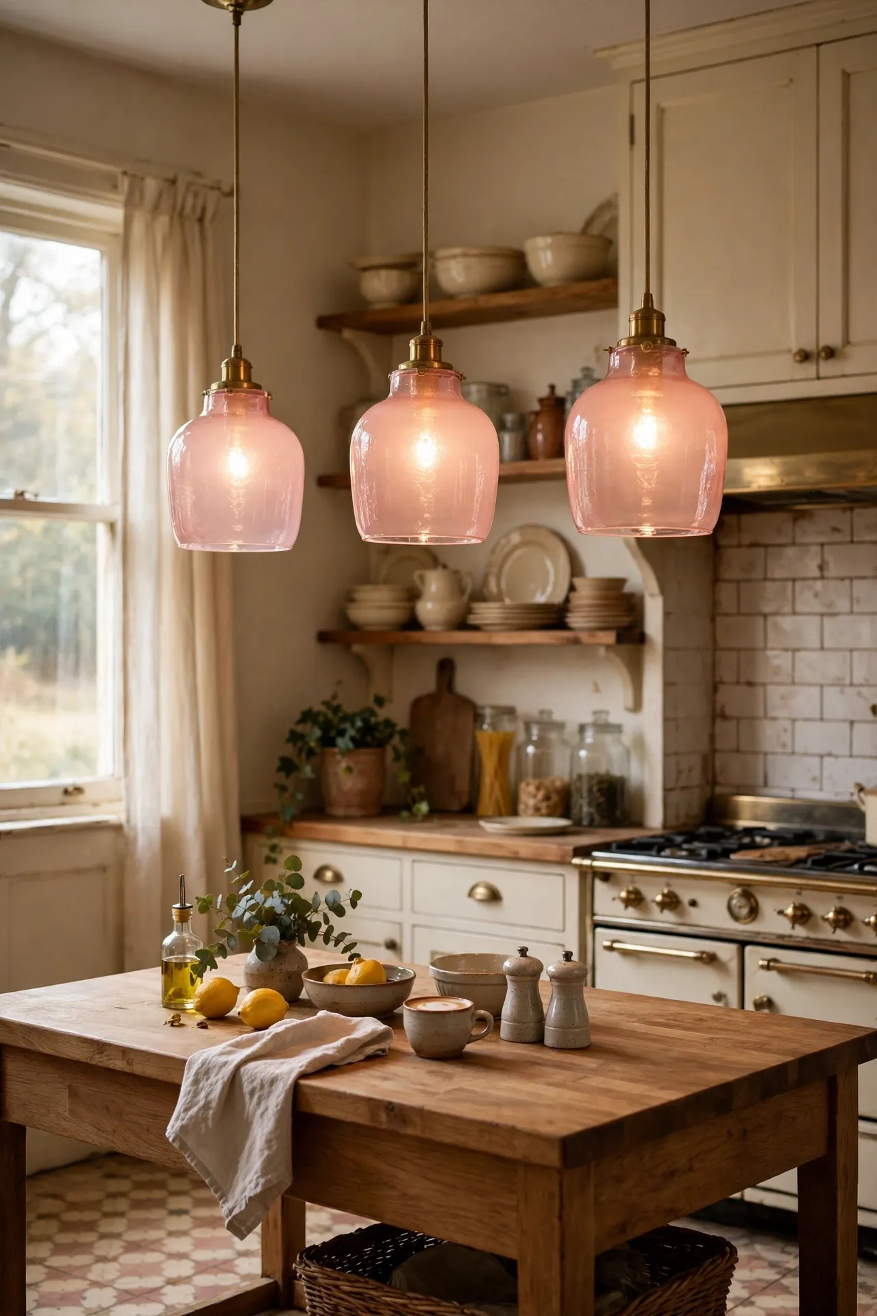 Blush pink glass pendant lights over kitchen island