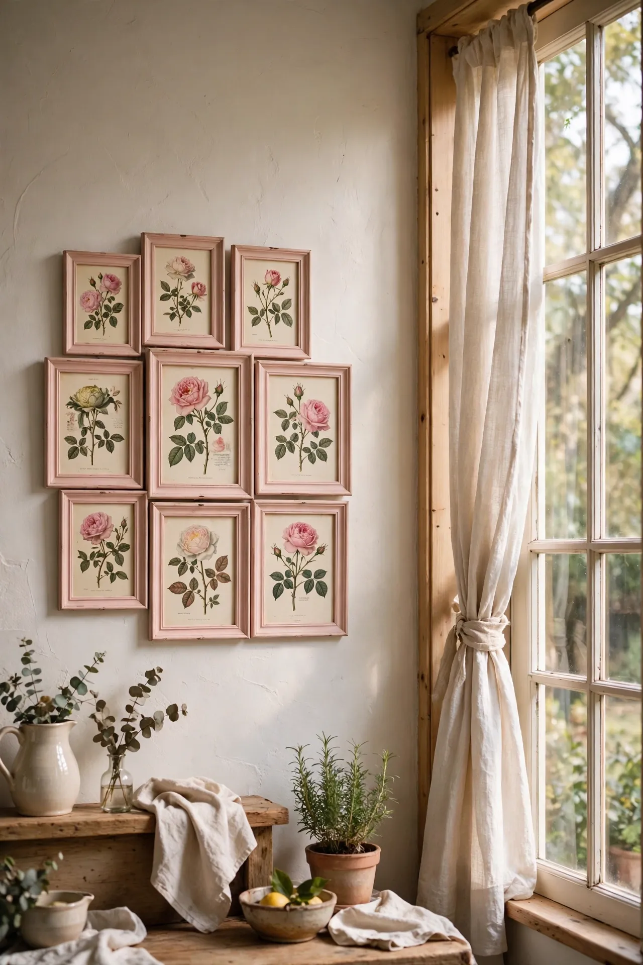 Vintage botanical prints in pink frames on kitchen wall
