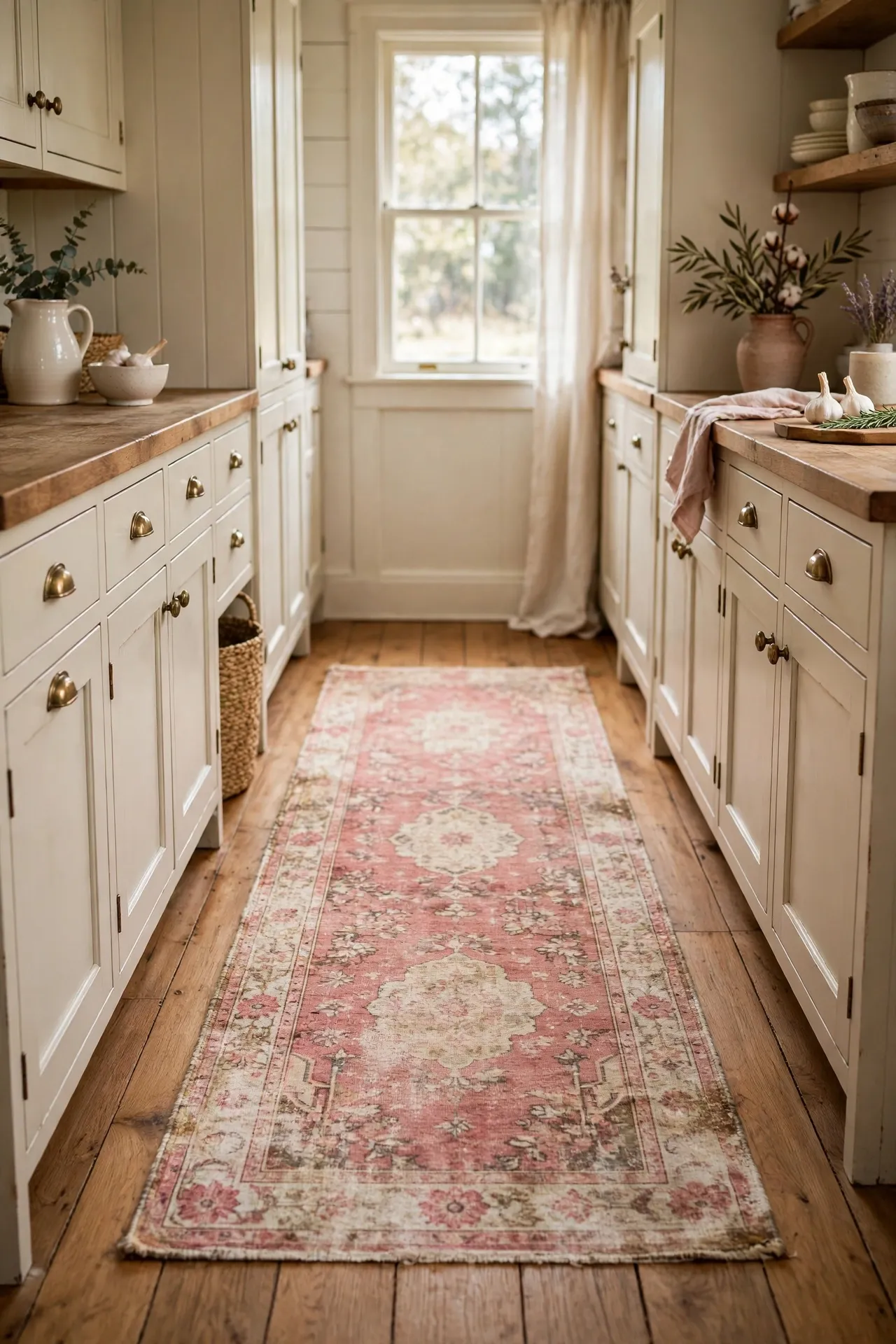 Faded pink vintage runner rug in farmhouse kitchen