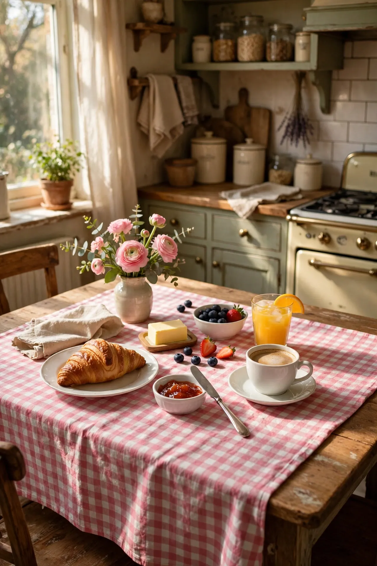 Pink gingham tablecloth on kitchen breakfast table