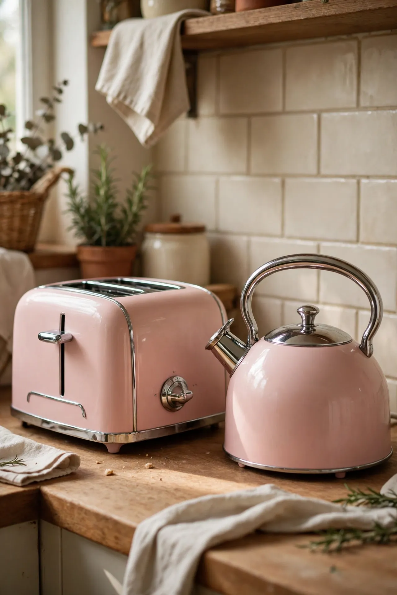 Retro pink toaster and kettle on kitchen worktop