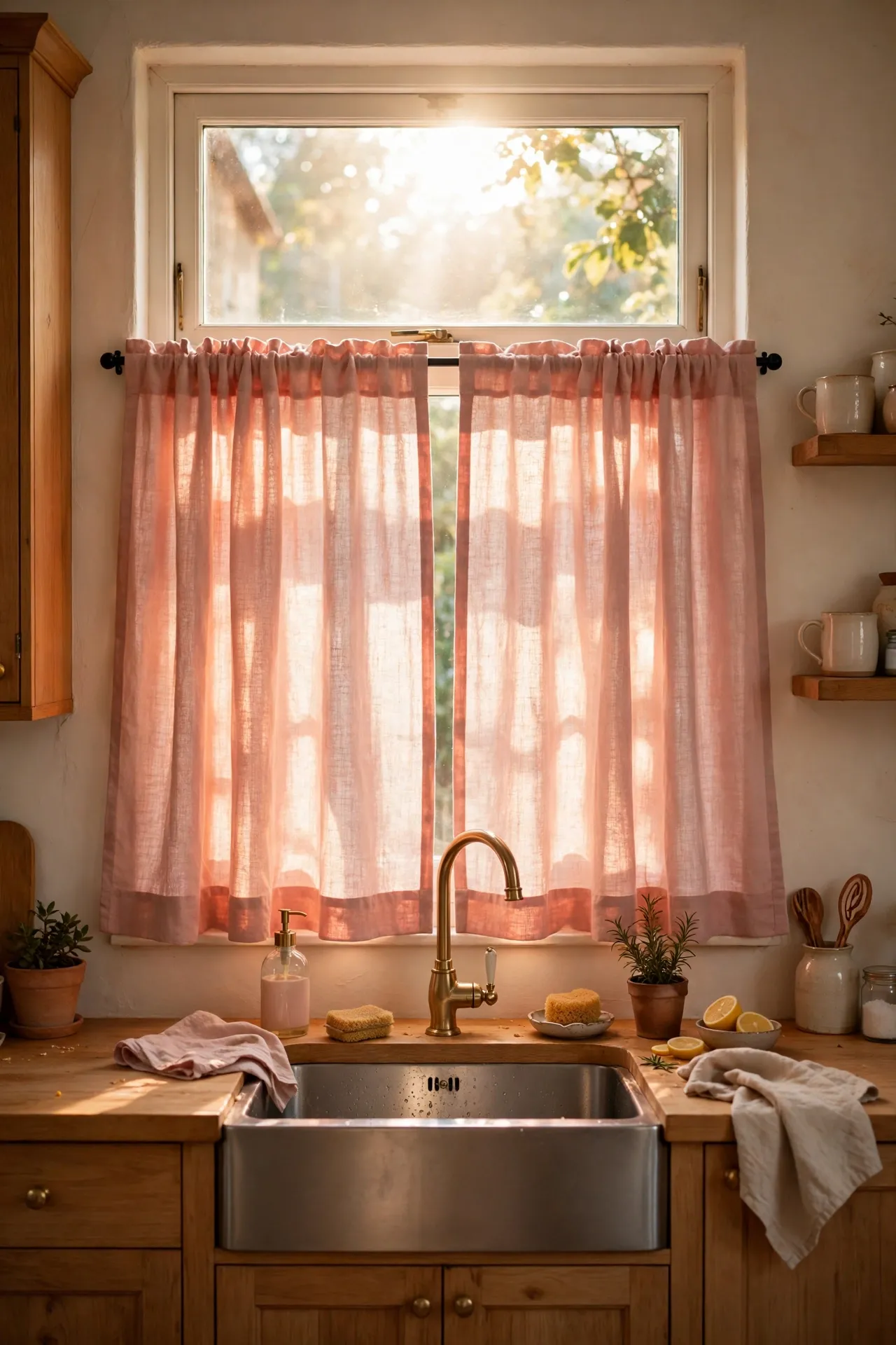 Blush pink cafe curtains glowing in kitchen window
