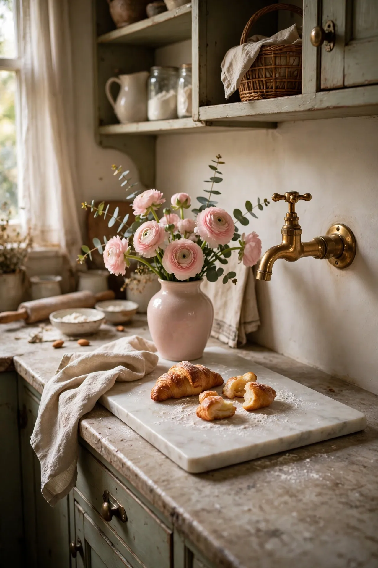 Marble pastry board with pink vase in stylish kitchen