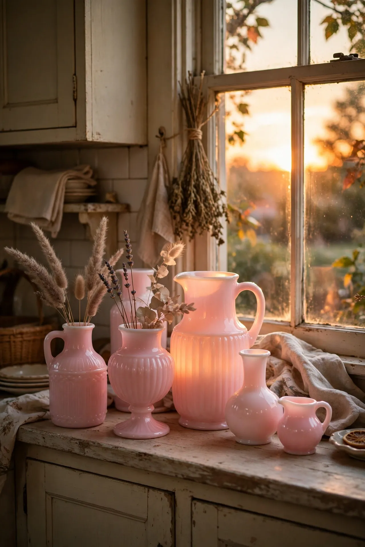 Soft pink milk glass vases glowing on windowsill