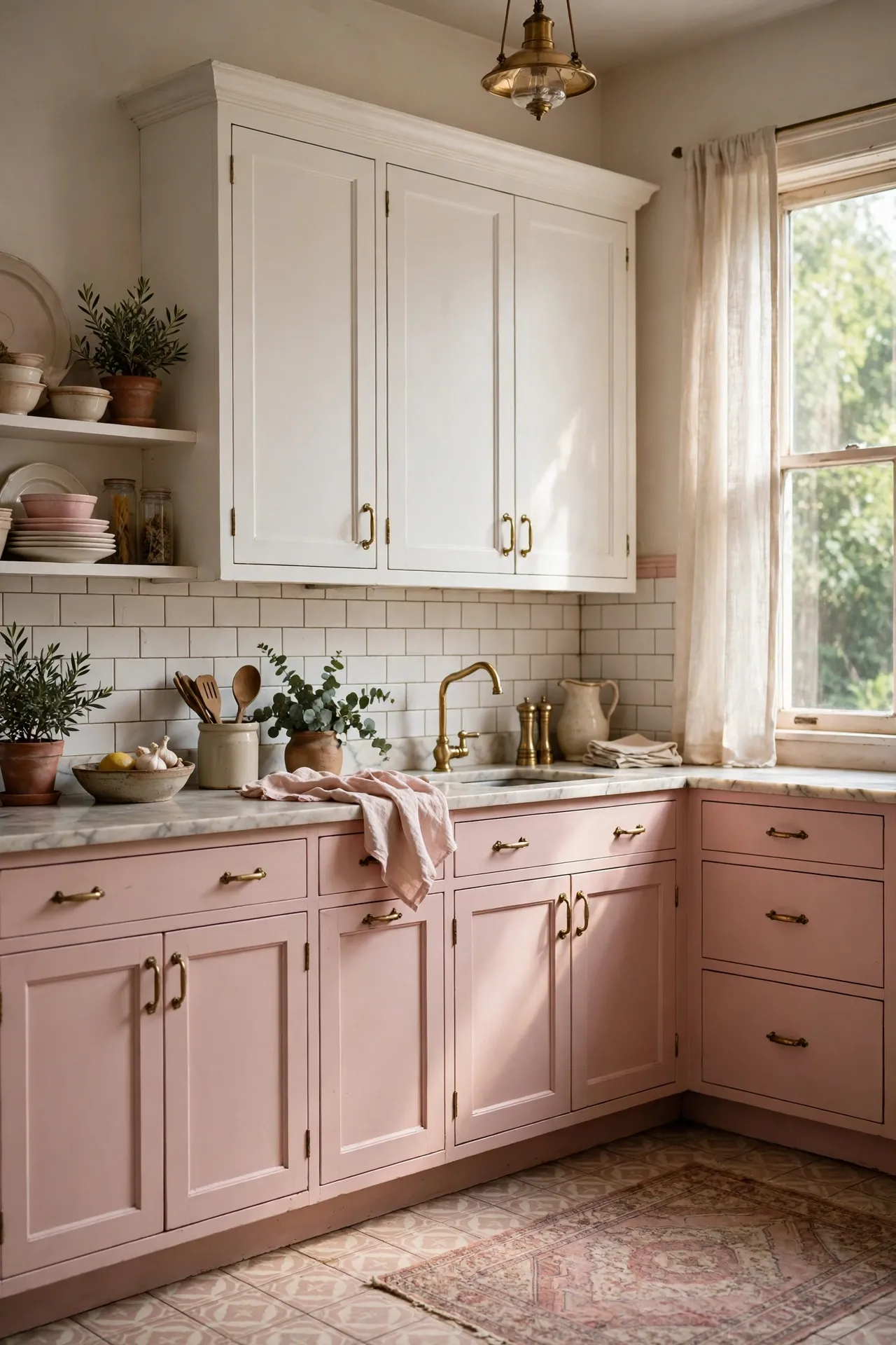 Blush pink lower cabinets with white upper kitchen cabinets