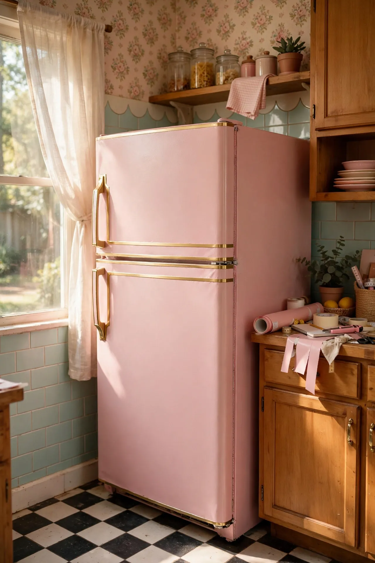 White fridge wrapped in blush pink vinyl, retro kitchen