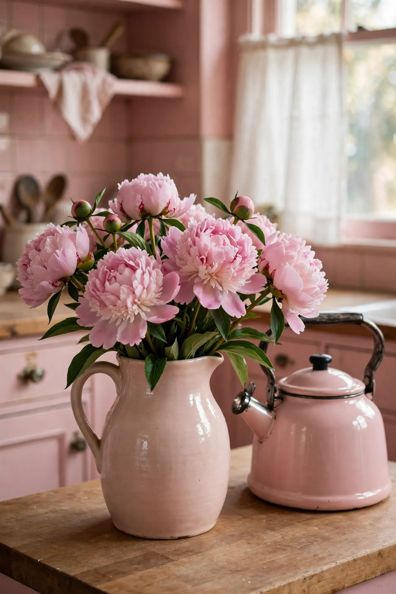 Fresh peonies in pink jug on kitchen worktop