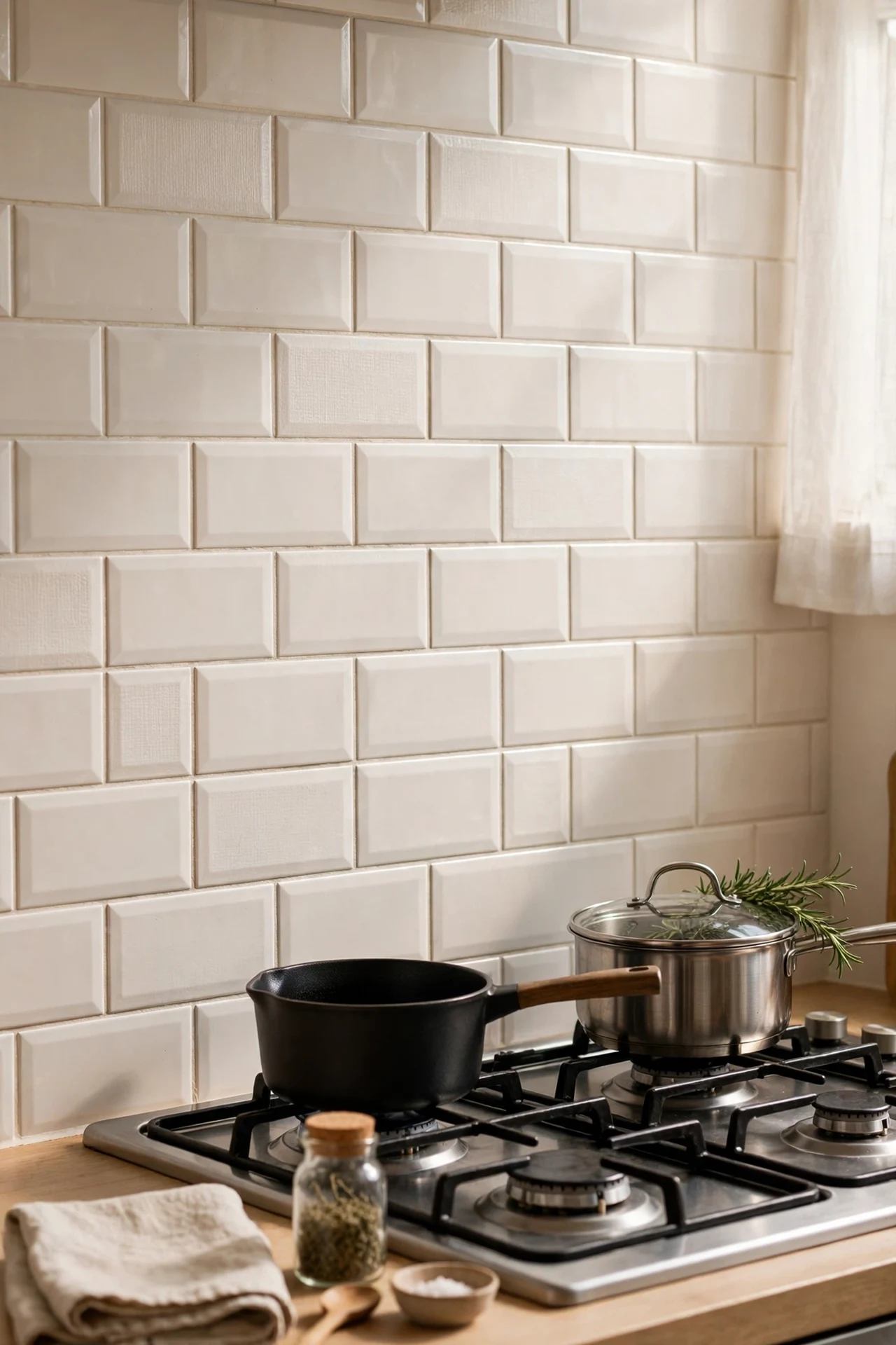 Warm white peel-and-stick subway tile backsplash behind kitchen stove