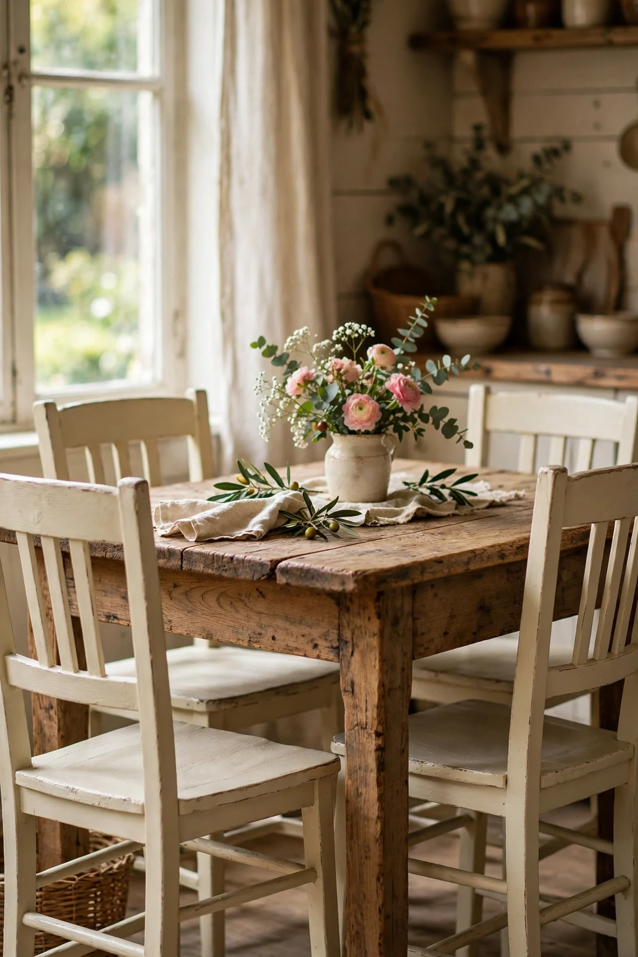 Wooden kitchen chairs refinished in cream chalk paint around a table