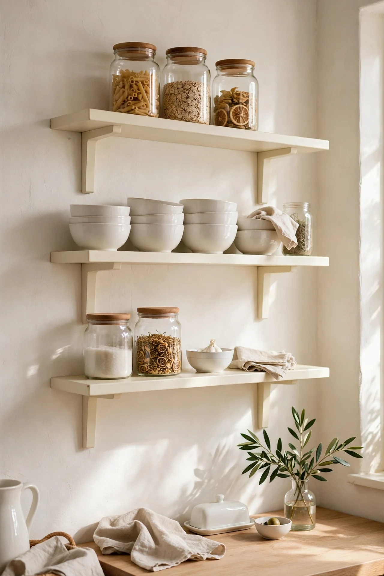 Ivory floating shelves styled with bowls and glasses in a kitchen