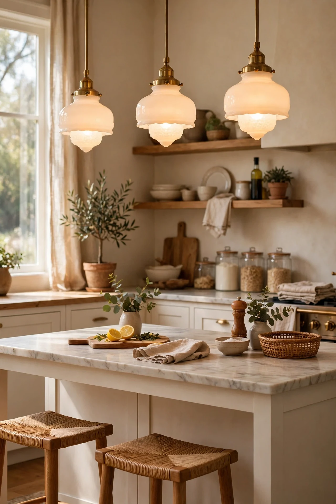 Milk-glass pendant lights glowing over a warm white kitchen island