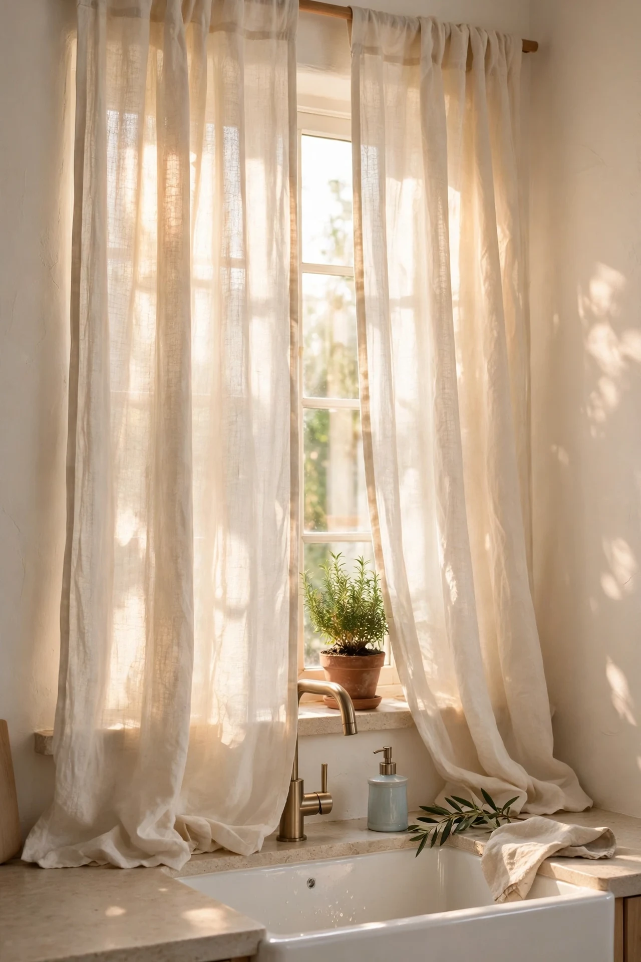 Off-white linen curtains on a sunny kitchen window above the sink