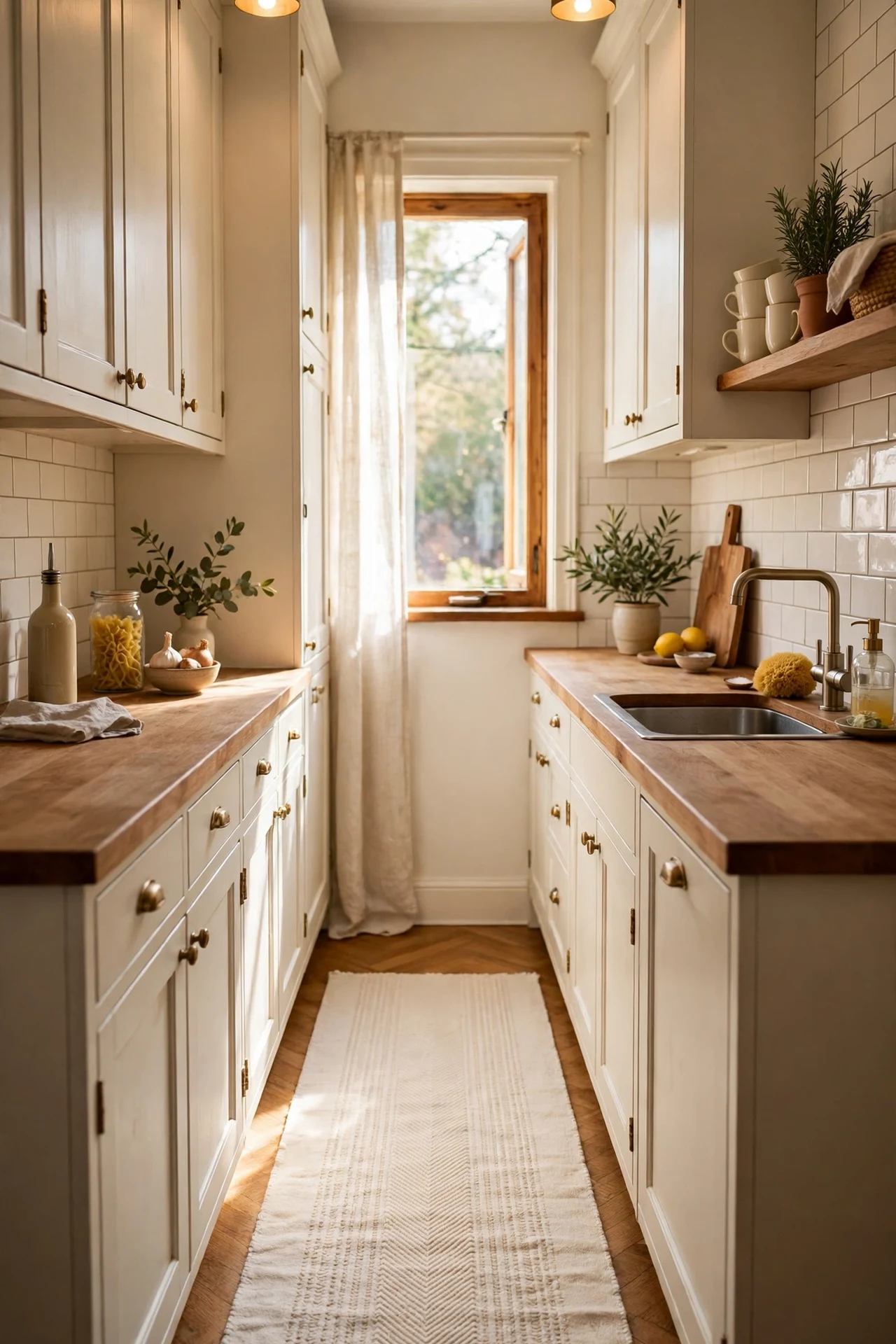Cream washable rug runner down the middle of a galley kitchen