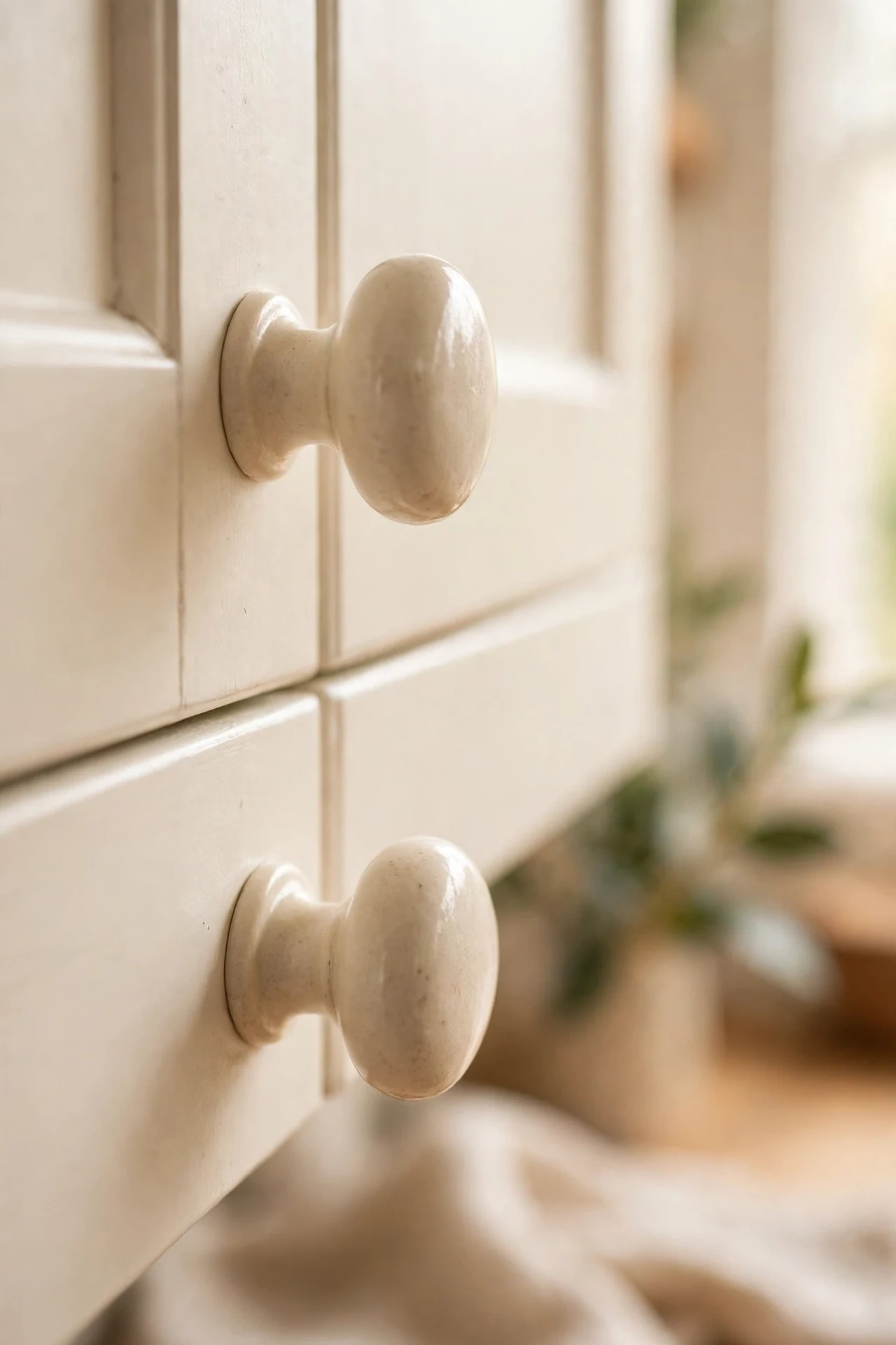 Cream ceramic knobs fitted on warm white kitchen cabinet doors