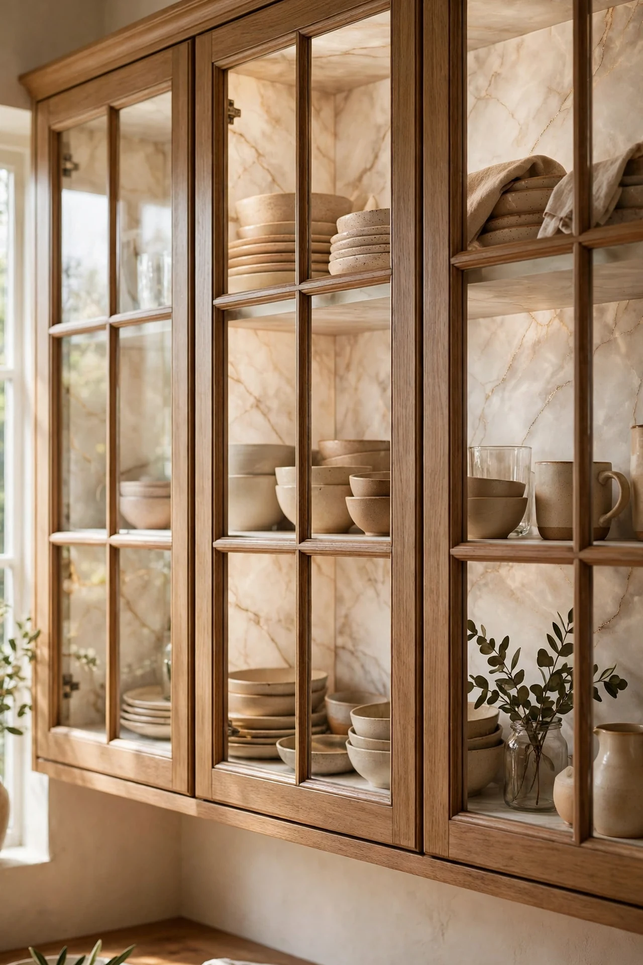 Glass-front cabinets lined with warm white marble contact paper