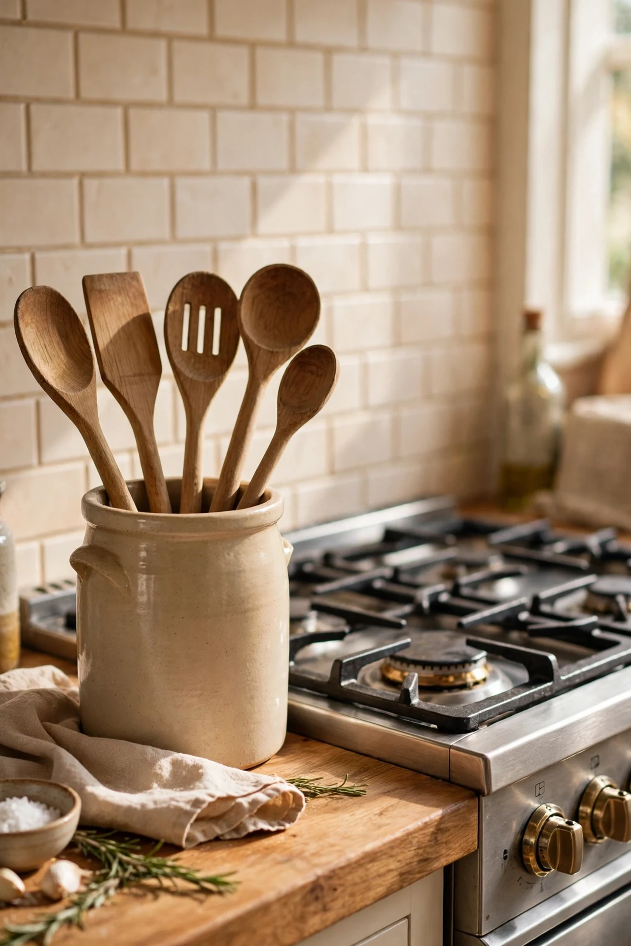 Beige stoneware crock holding wooden utensils beside the stove