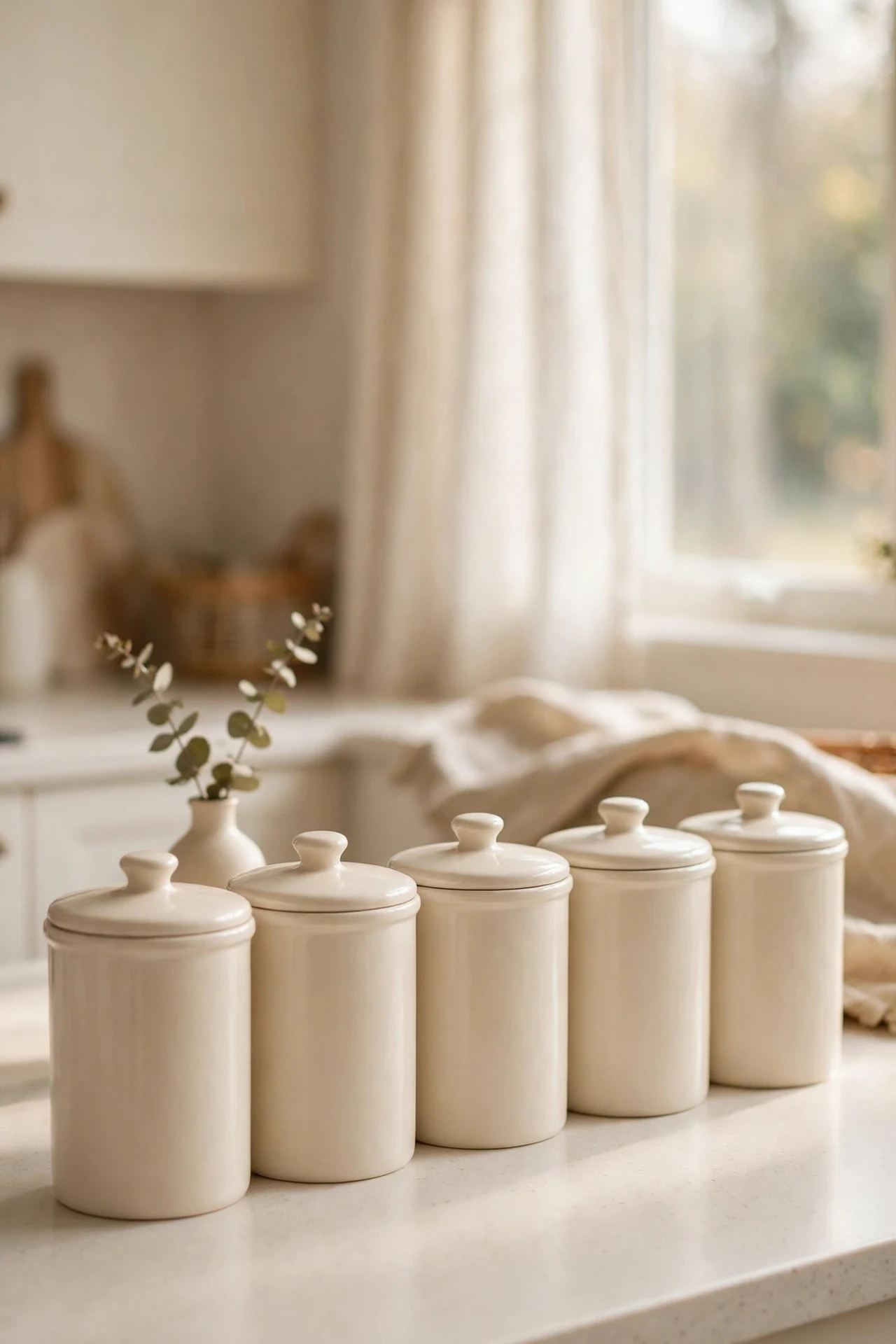 Matching cream canisters lined up neatly on a kitchen counter