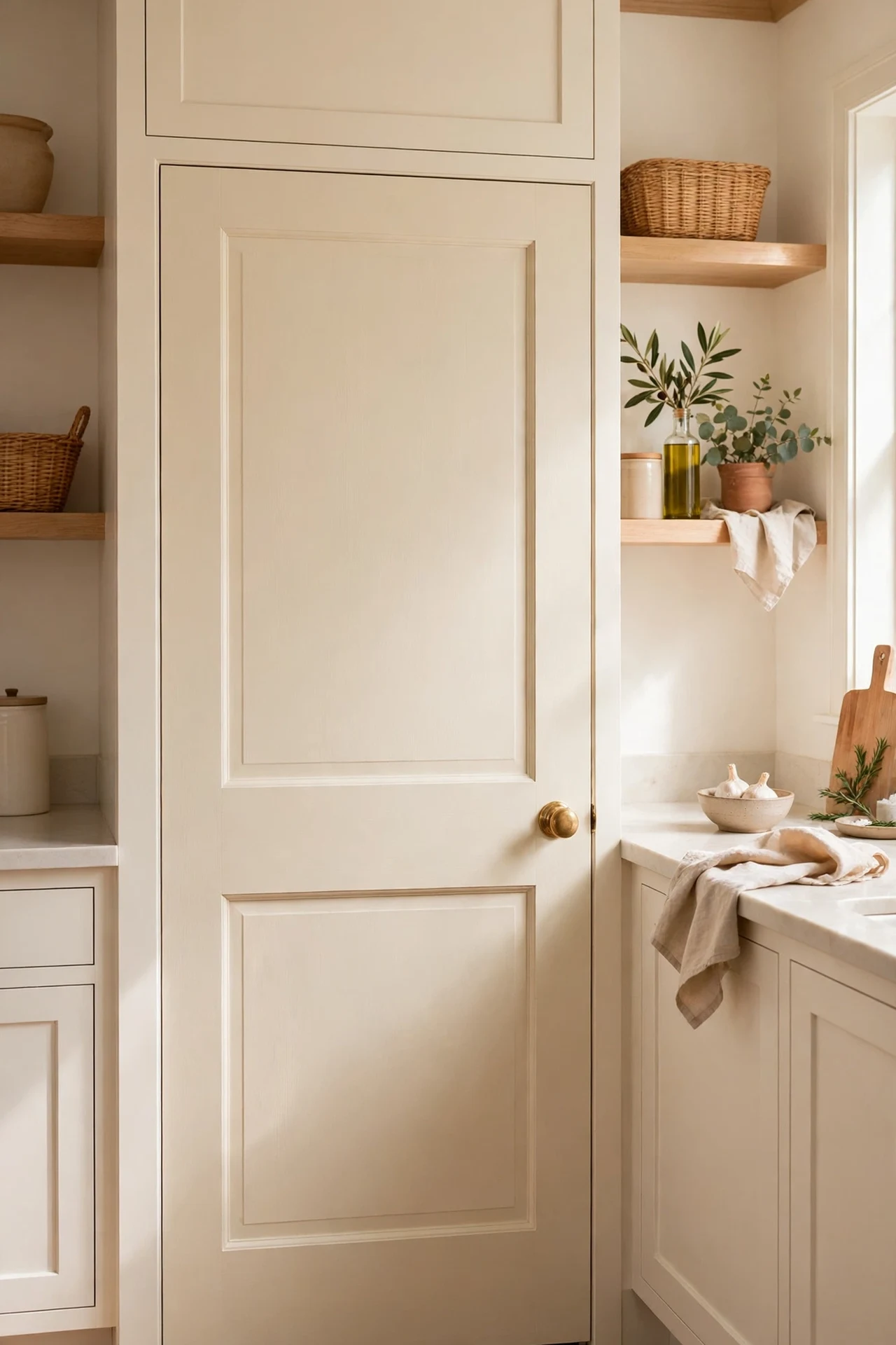 Pantry door freshly painted in warm cream with a new knob