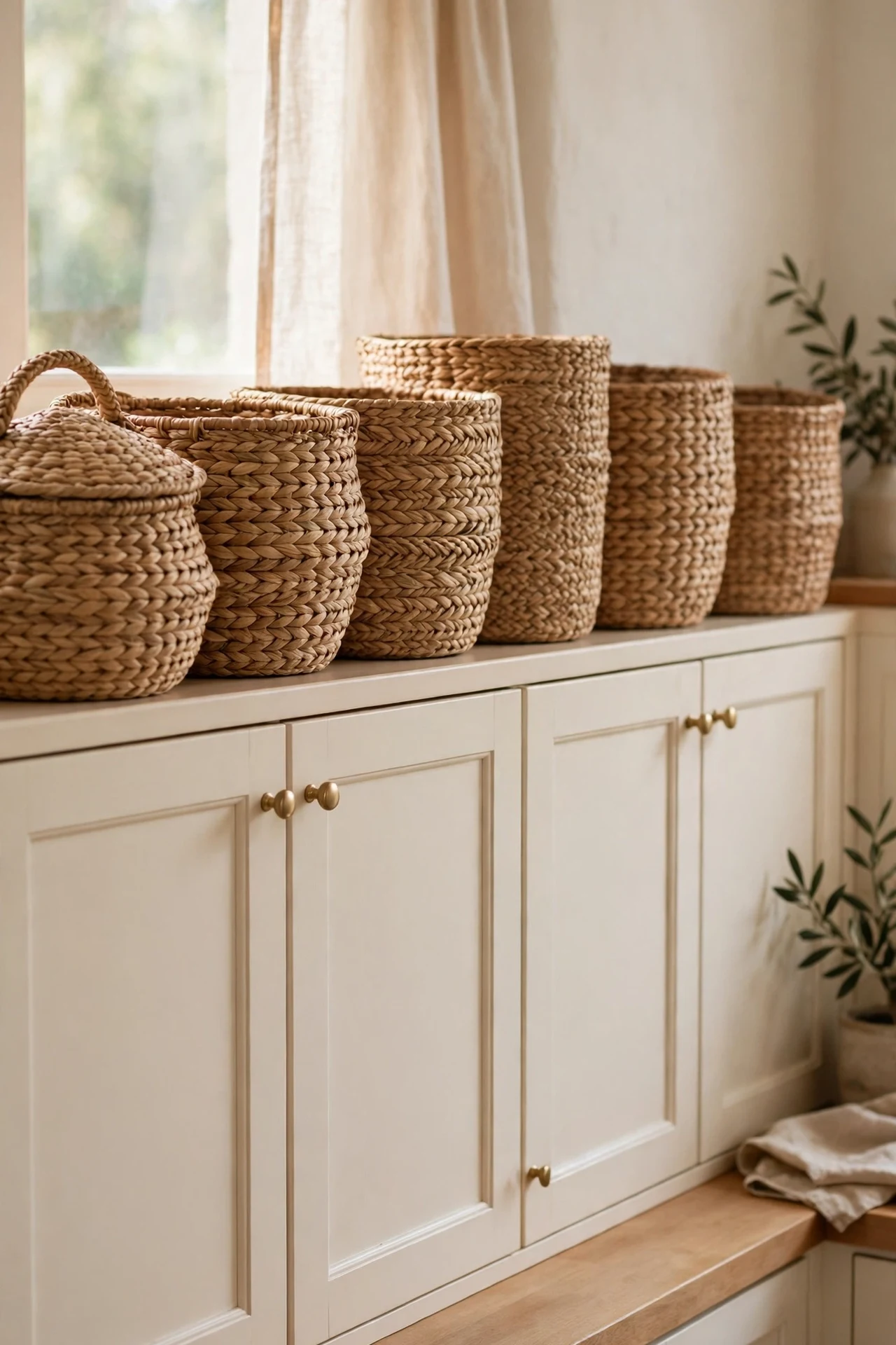Woven seagrass baskets stored on top of warm white kitchen cabinets