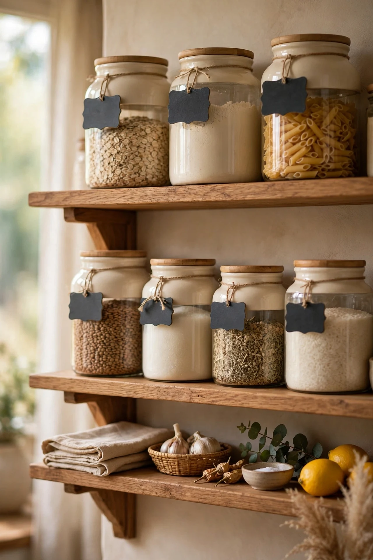 Cream pantry jars with handwritten chalkboard labels on a shelf