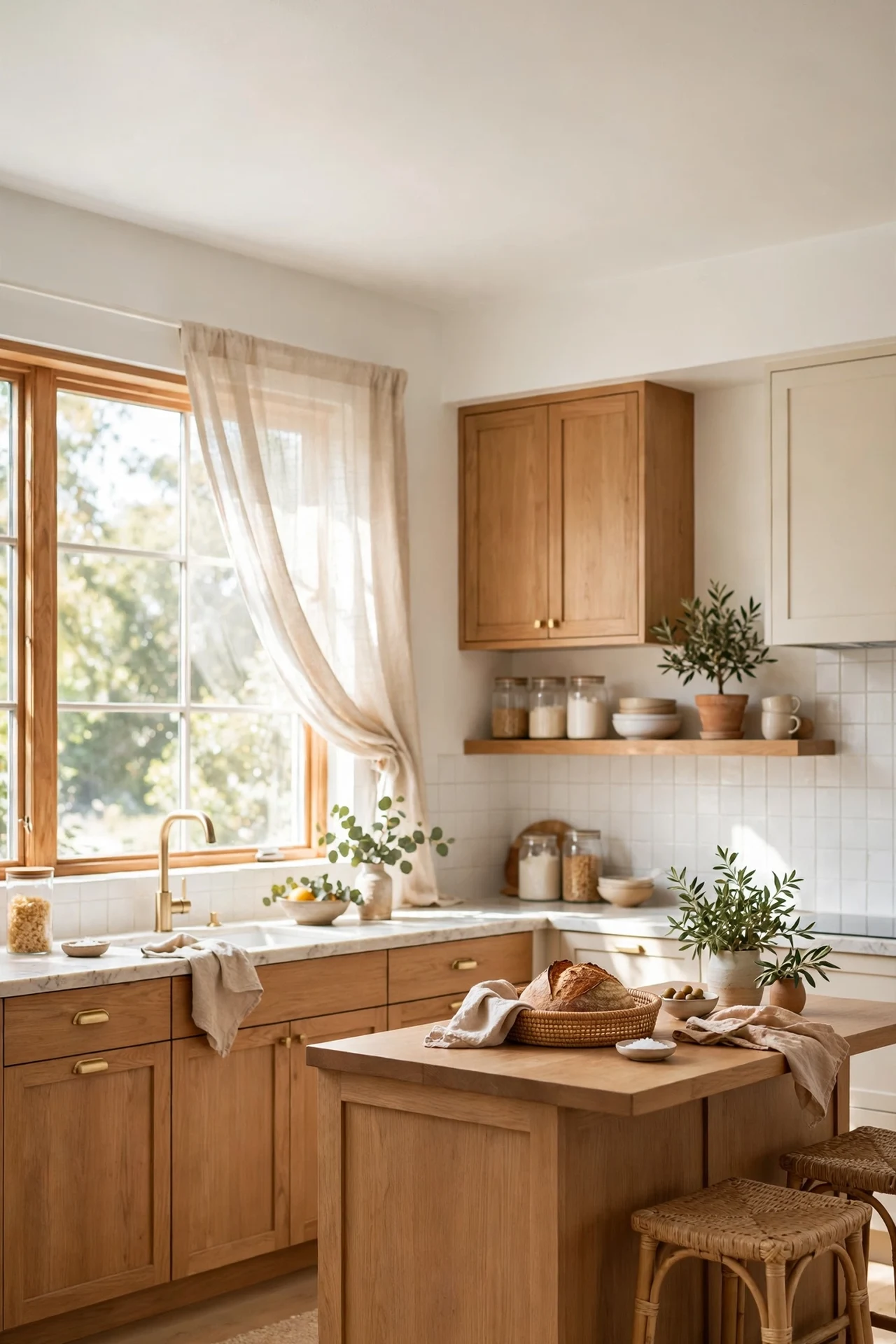 Freshly painted warm white kitchen ceiling brightening the room