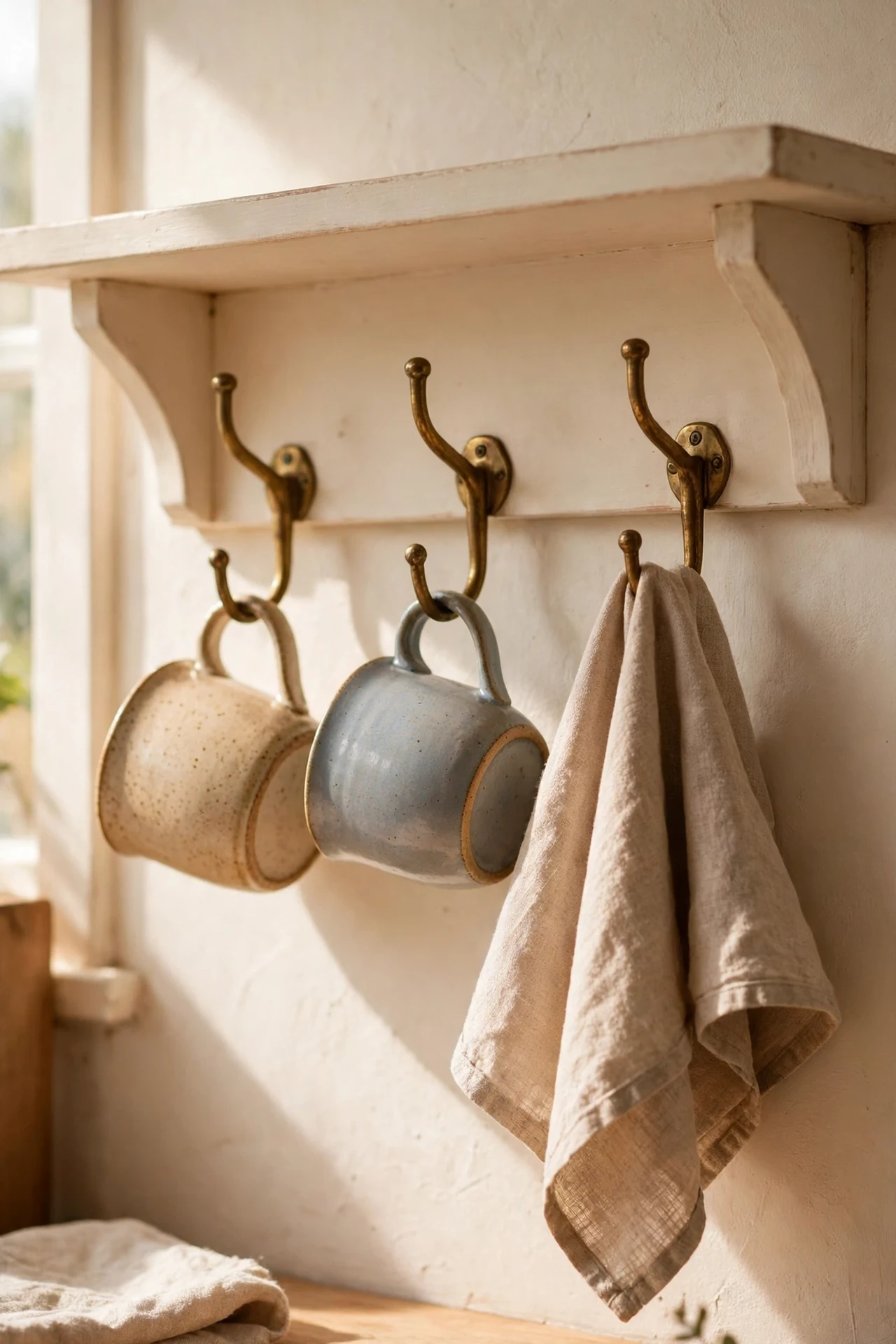 Vintage brass hooks with mugs under a warm white kitchen shelf